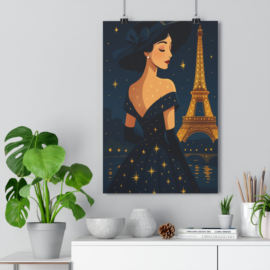Poster décoratif femme étoilée dessin animé chic élégant bleu nuit étoile dorée tour Eiffel