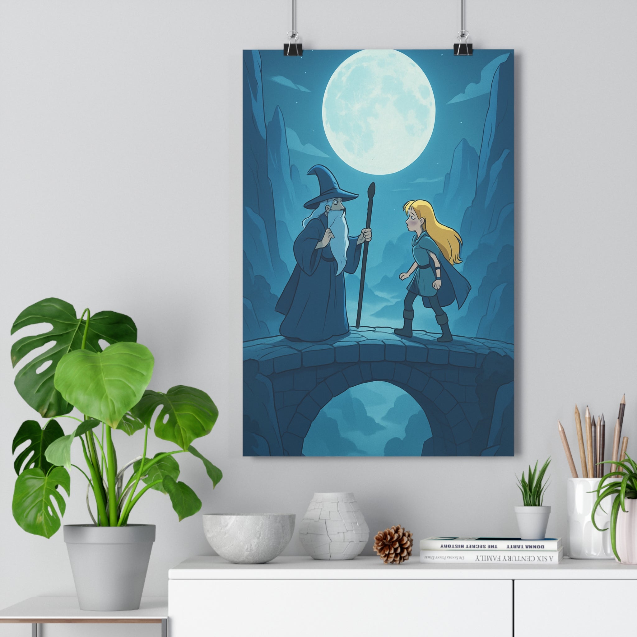Poster décoratif animé bleu mystique magique salon chambre lune nocturne ambiance mystérieuse ombrages contrastes