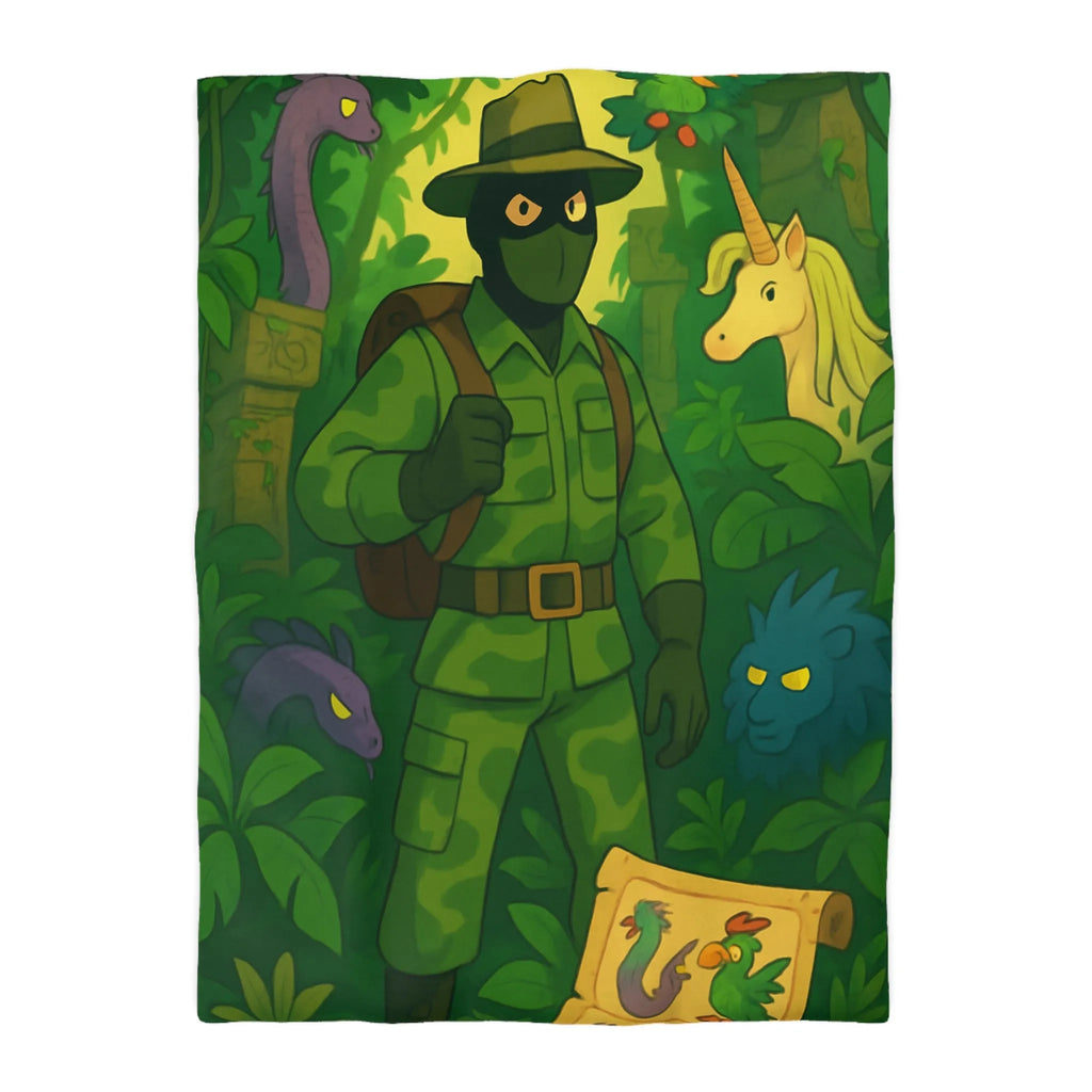 Housse de couette avec explorateur aventurier parmi créatures fantastiques et forêt luxuriante