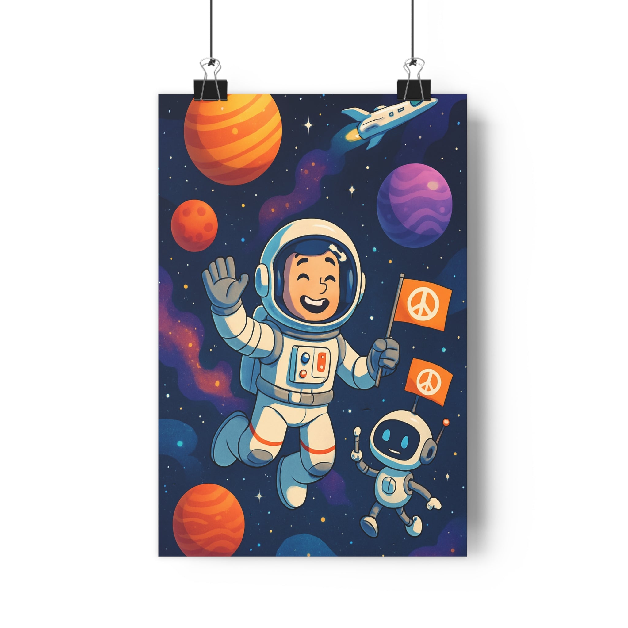 Poster décoratif cartoon orange violet aventure chambre enfant astronaute robot planètes étoiles 30x46 qualité