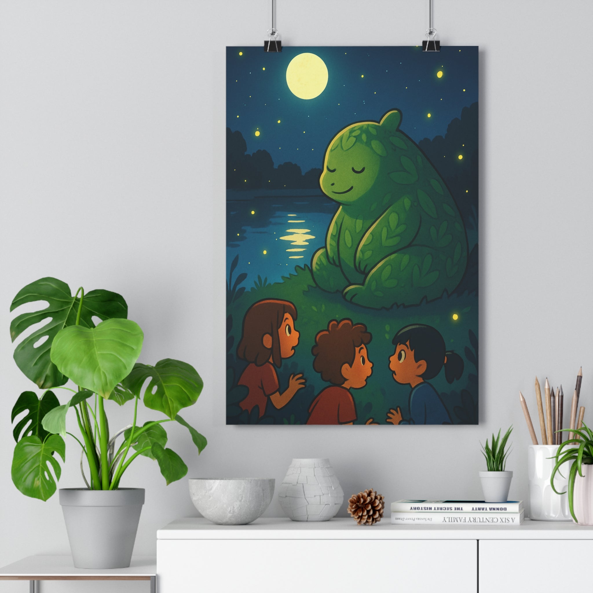 Poster décoratif bleu argenté onirique chambre enfant mystique personnage scène lune étoiles rêve atmosphère