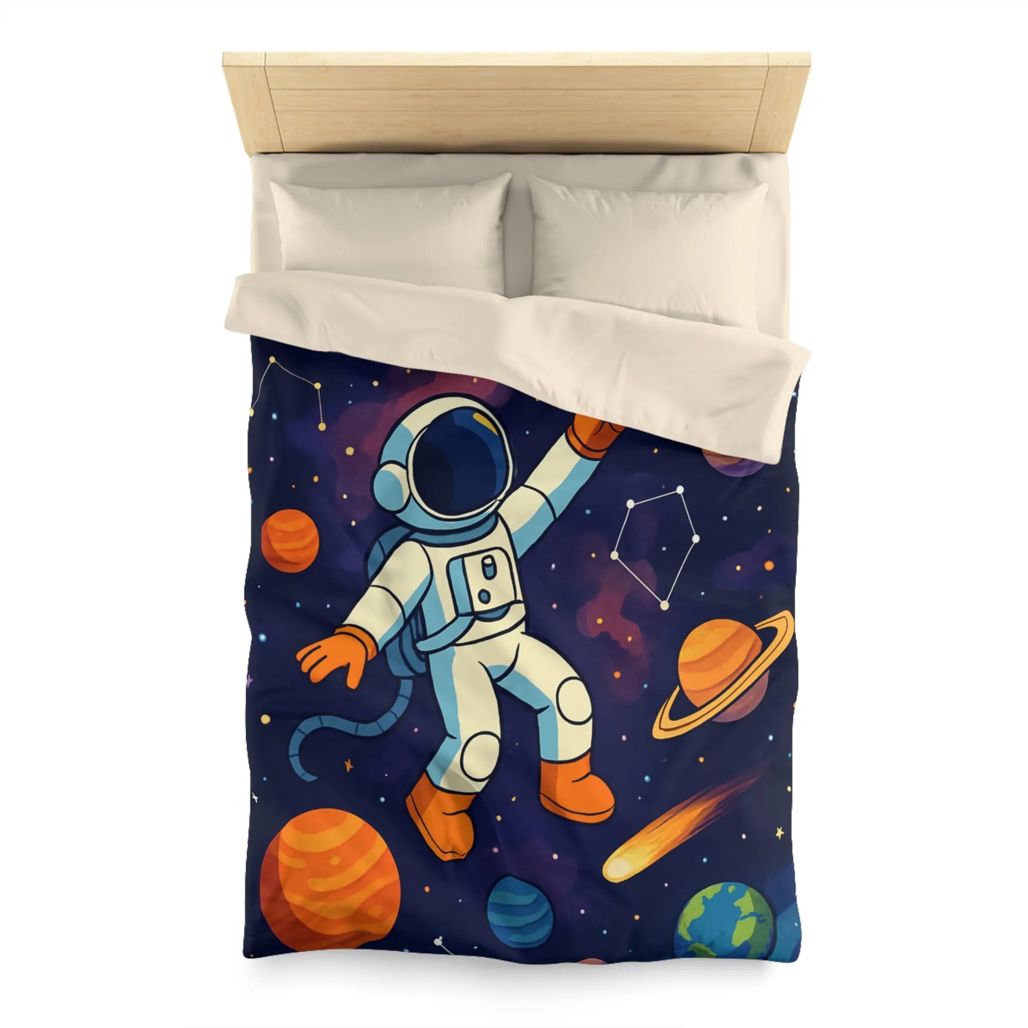 Housse de Couette Astronaute Enfantine avec Étoiles, Planètes et Constellations Colorées pour Chambre