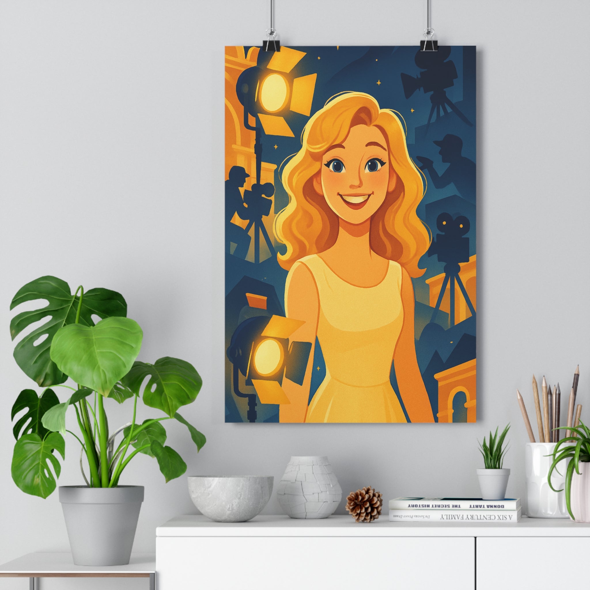 Poster décoratif glamour femme cartoon jaune bleu cinéma moderne bureau créatif ambiance lumineuse 30x46