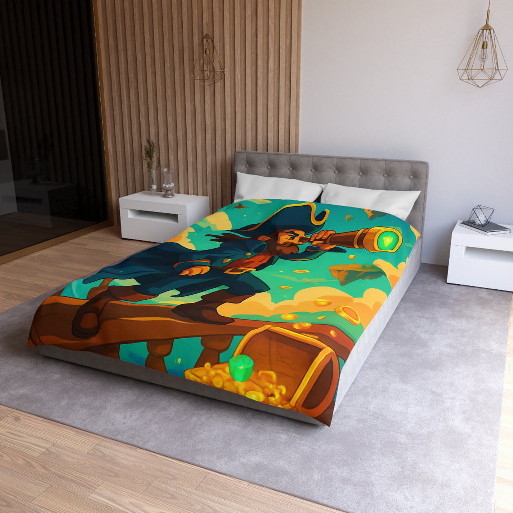 Housse de couette pirate vibrant bleu avec trésor doré et nuages flottants