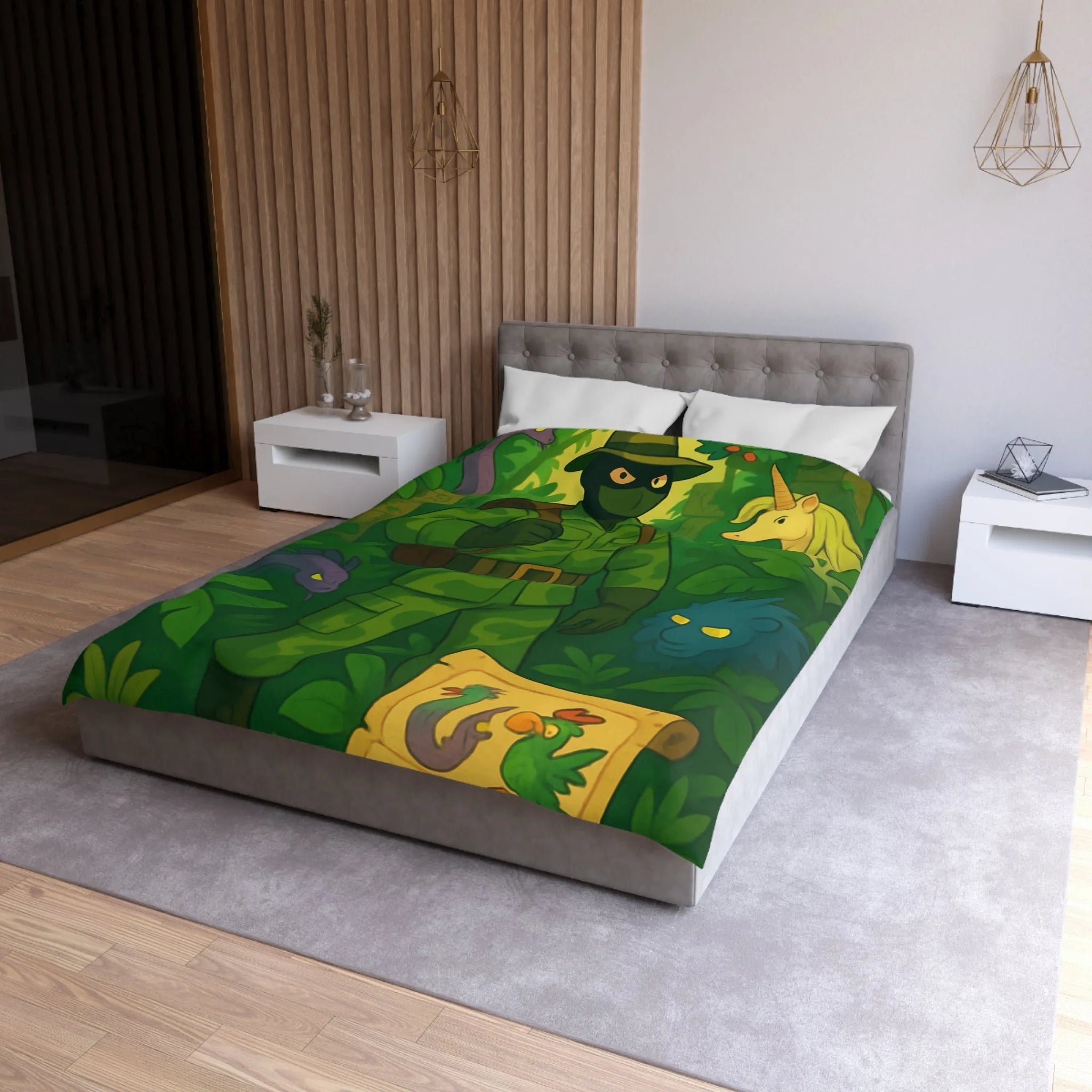 Housse de couette avec explorateur aventurier parmi créatures fantastiques et forêt luxuriante