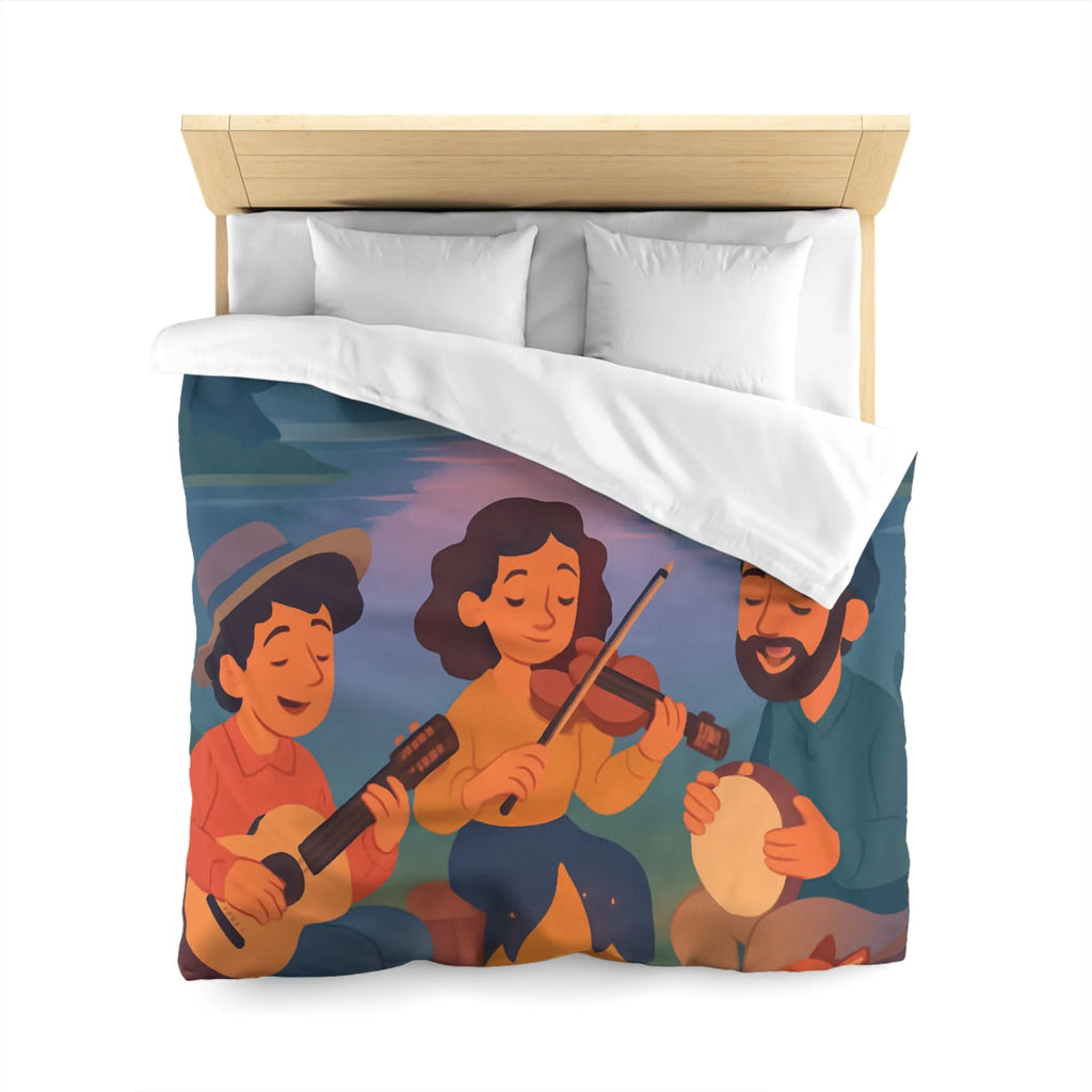 Housse de Couette avec Musiciens et Animaux Près du Feu de Camp au Crépuscule