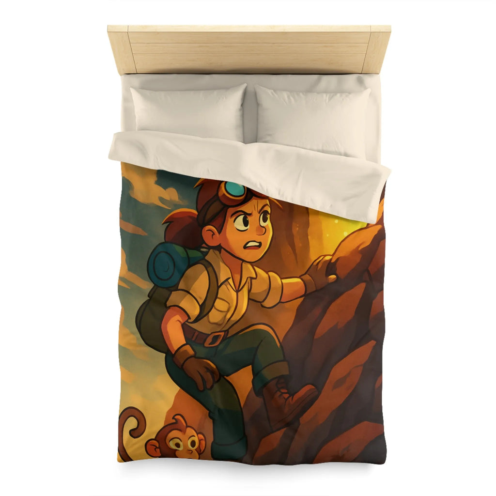Housse de couette aventure colorée avec jeune explorateur et singe devant grotte lumineuse