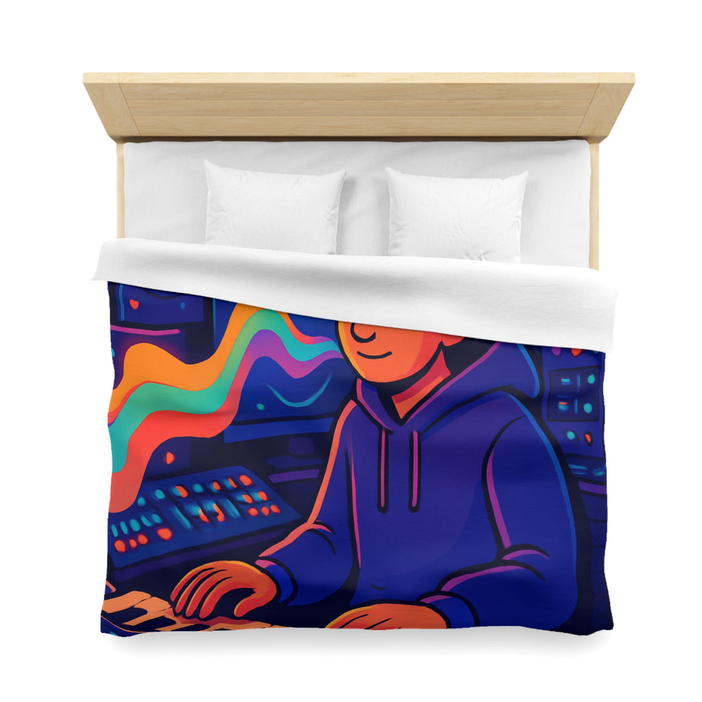 Housse de couette vibrante avec musicien dans un studio coloré et moderne