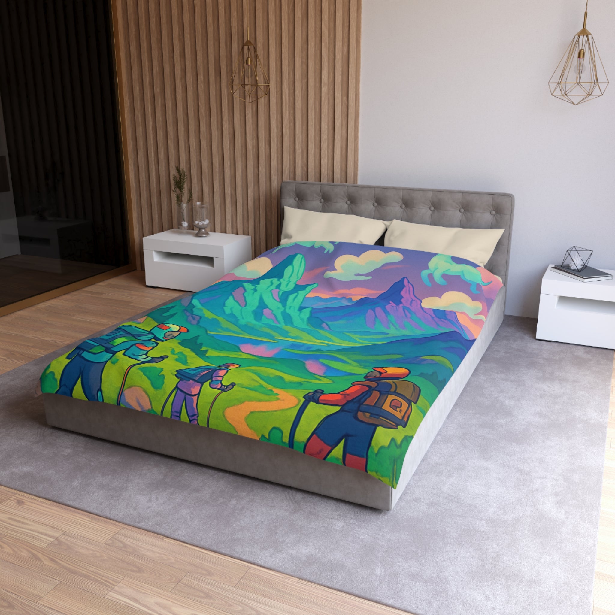 Housse de Couette Unique Montagne Randonneurs Fantaisie Animaux Nuages Enchantée Colorée