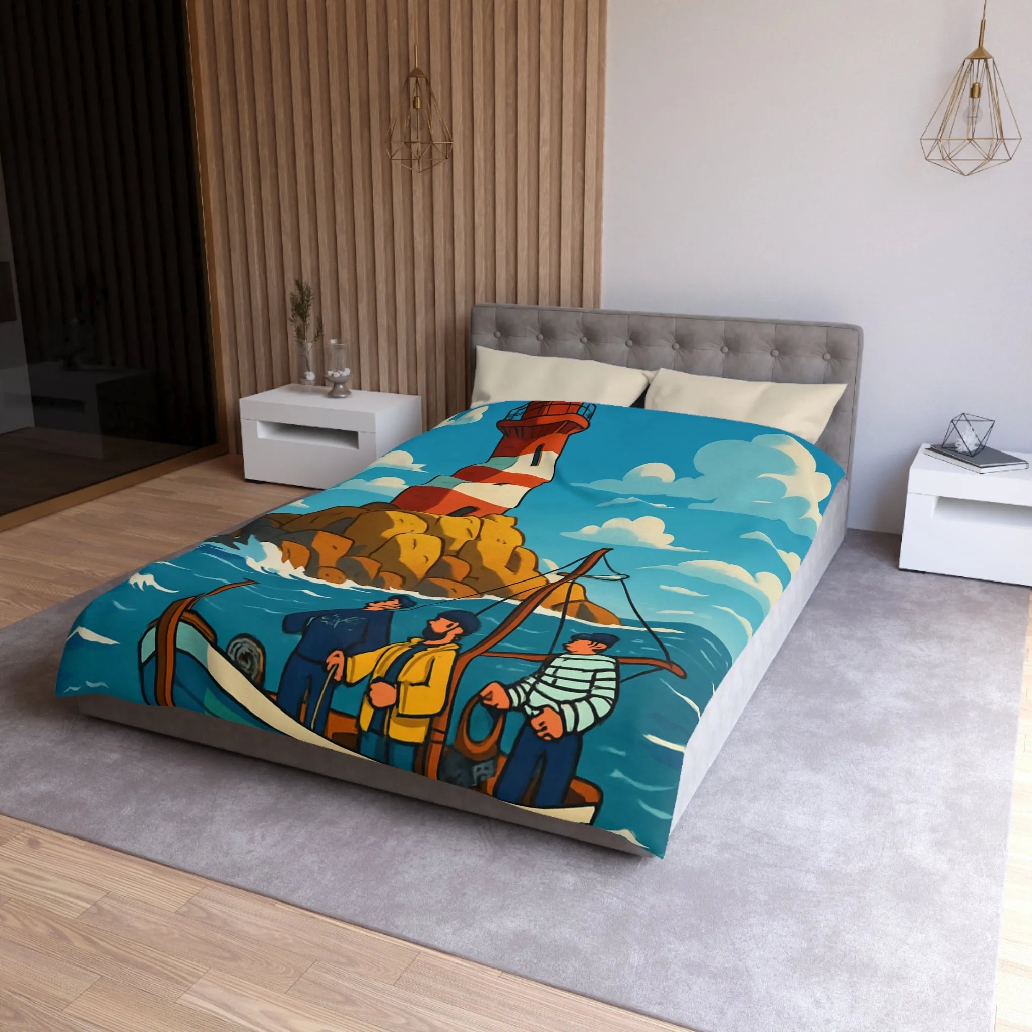 Housse de couette maritime avec phare, bateau et équipage sur mer agitée