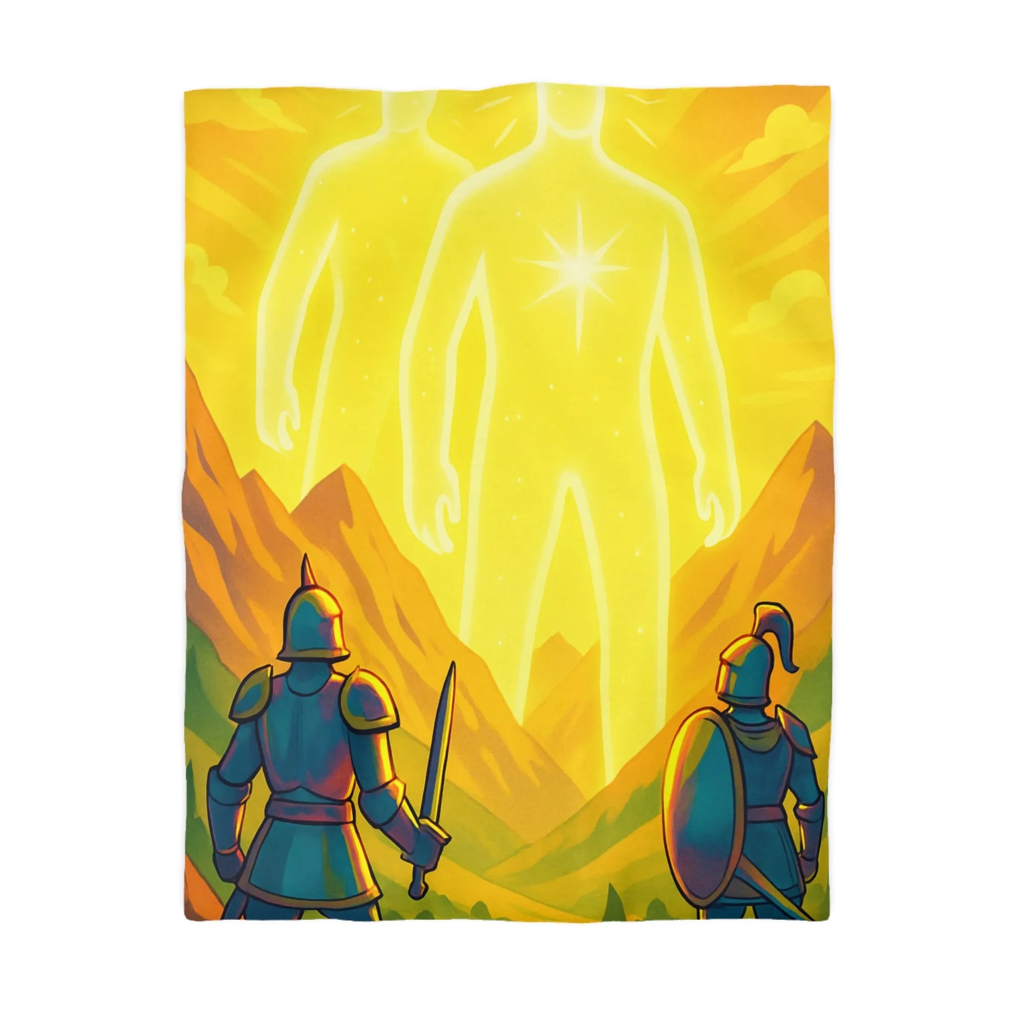 Épopée chevaleresque avec figures lumineuses mystiques dans paysage montagneux époustouflant à l'aube