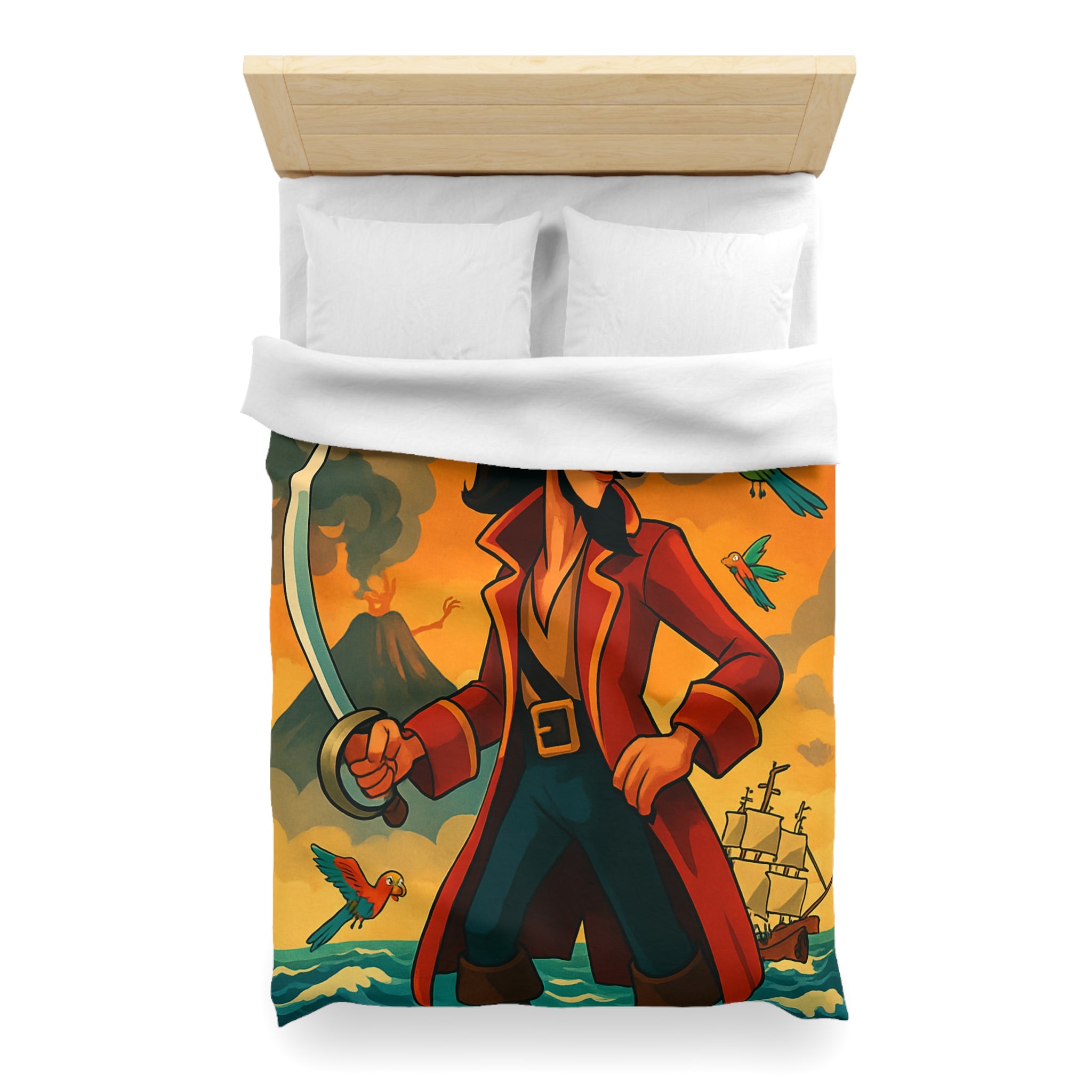 Housse de couette pirate vibrante avec perroquets colorés, volcan actif et bateau en mer