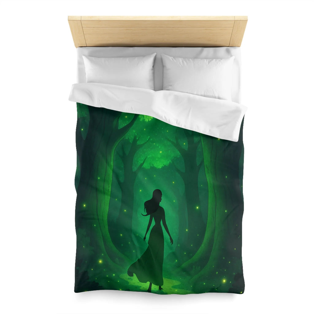 Housse de couette forêt enchantée avec silhouette élégante et lumières scintillantes vertes
