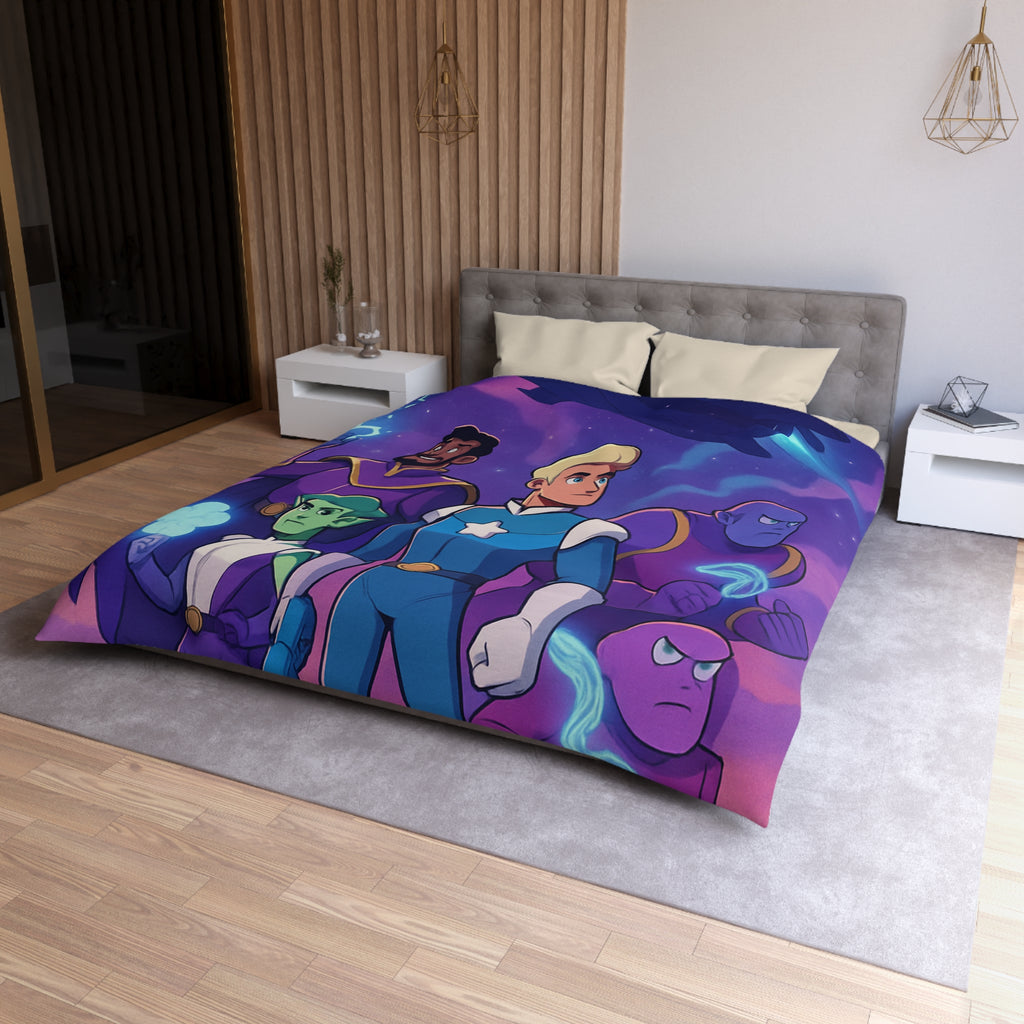 Housse de couette spatiale avec héroïques personnages animés sous vaisseau intergalactique étoilé