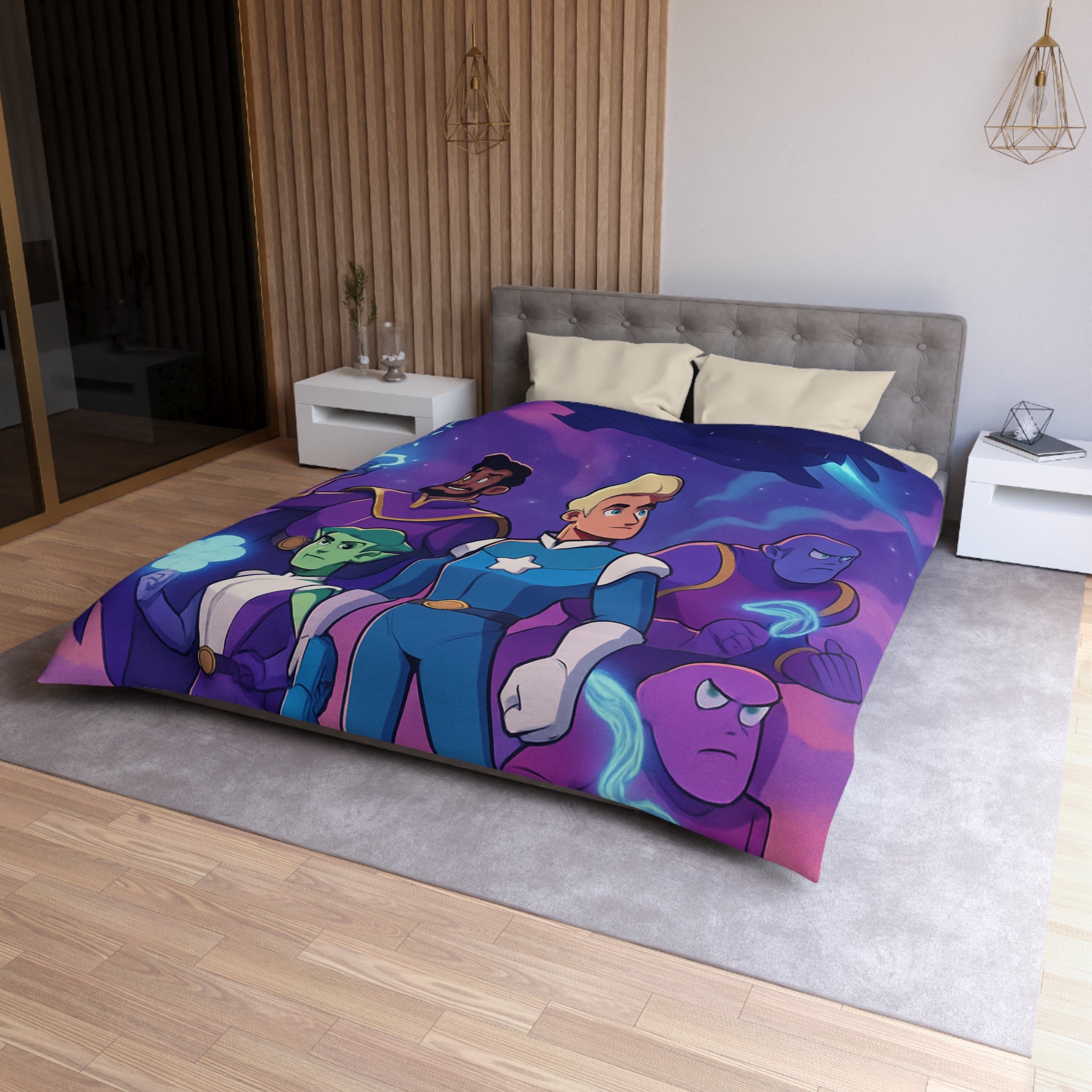 Housse de couette spatiale avec héroïques personnages animés sous vaisseau intergalactique étoilé