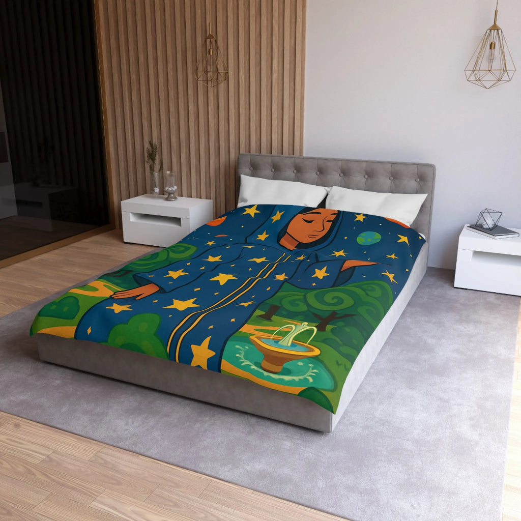 Housse de couette étoilée avec personnage mystique sous ciel galactique et nature luxuriante