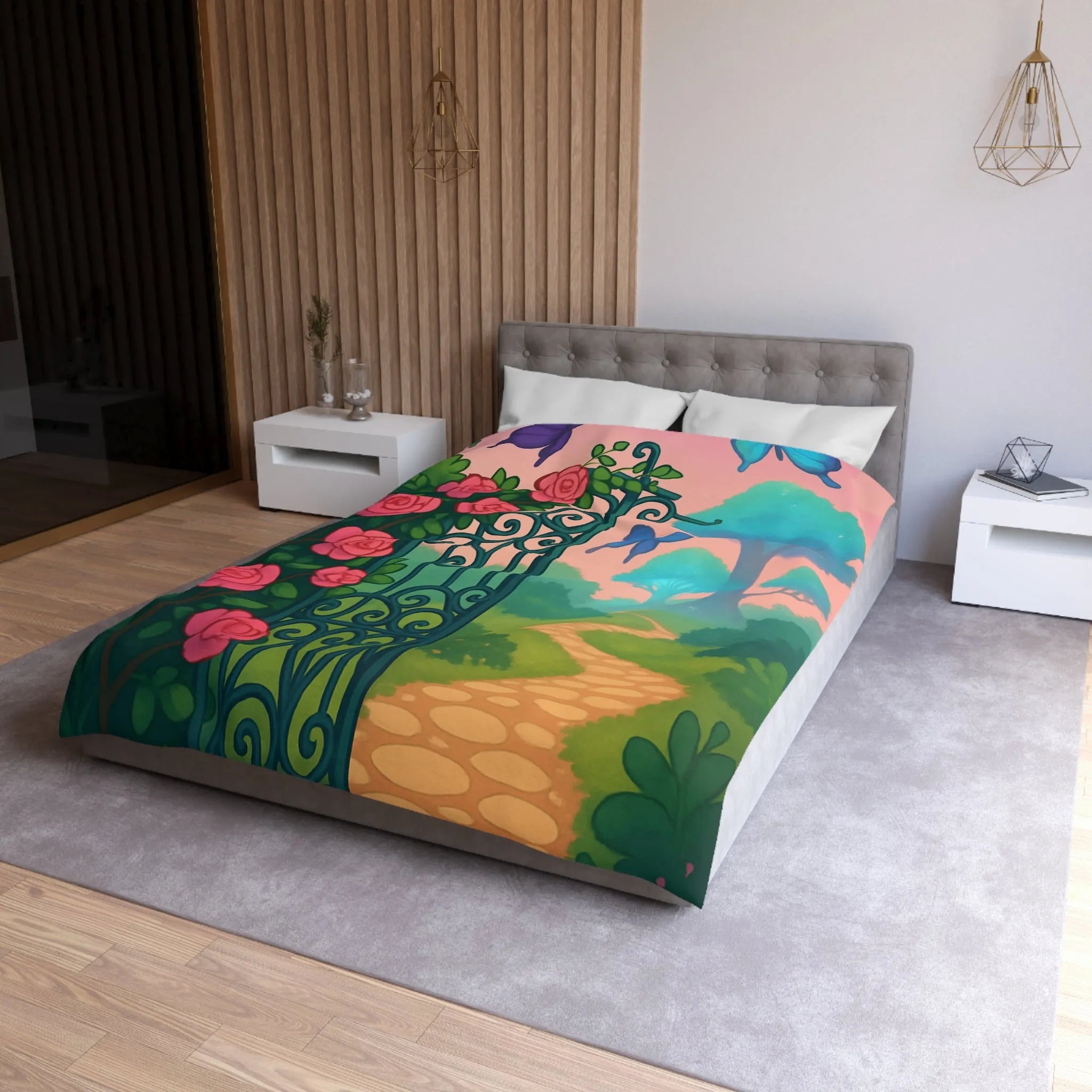 Belle housse de couette féerique avec portail fleuri et papillons colorés, jardins enchanteurs