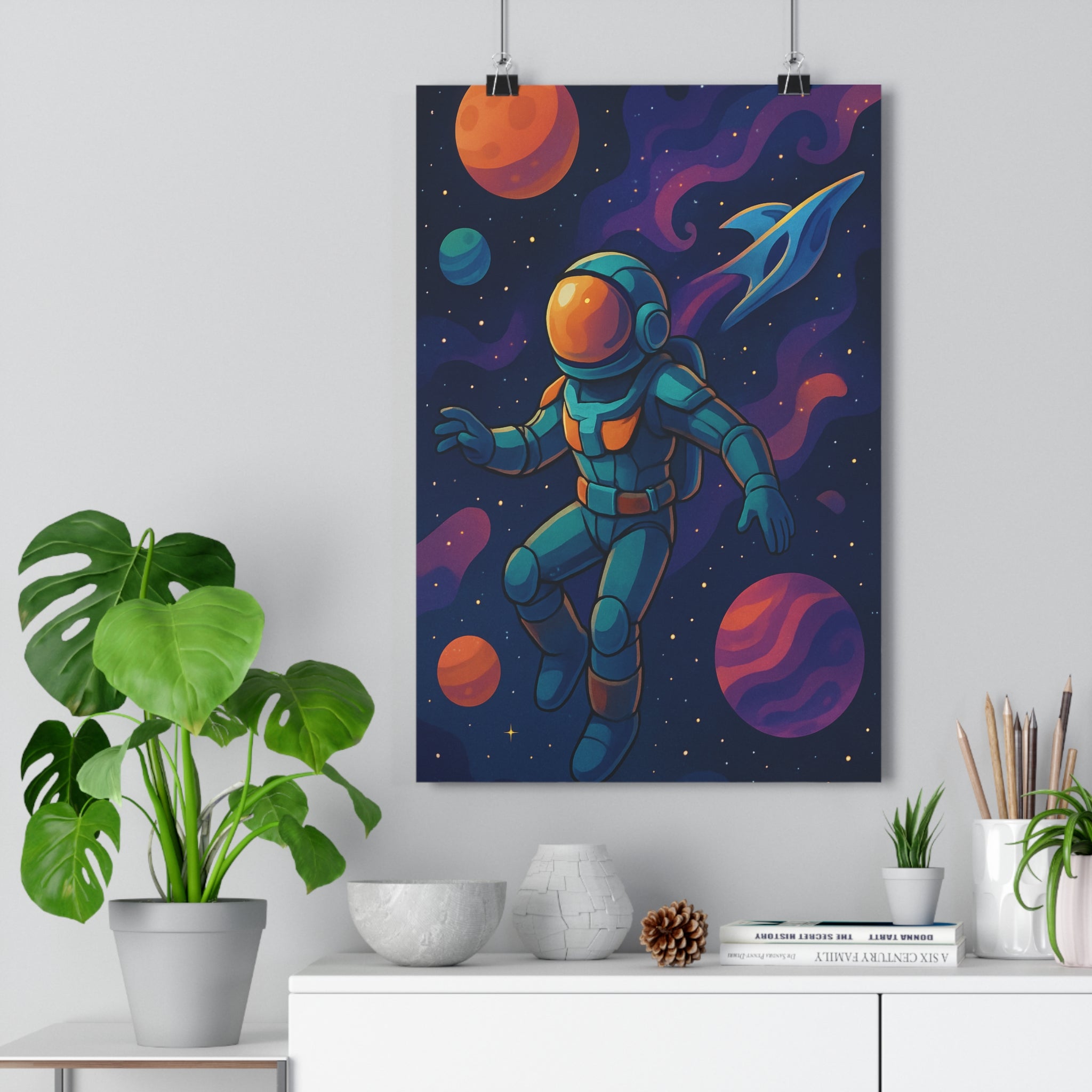 Poster décoratif astronaute espace planètes coloré cartoon futuriste rêveur enfant bureau ambiance étoilée qualité