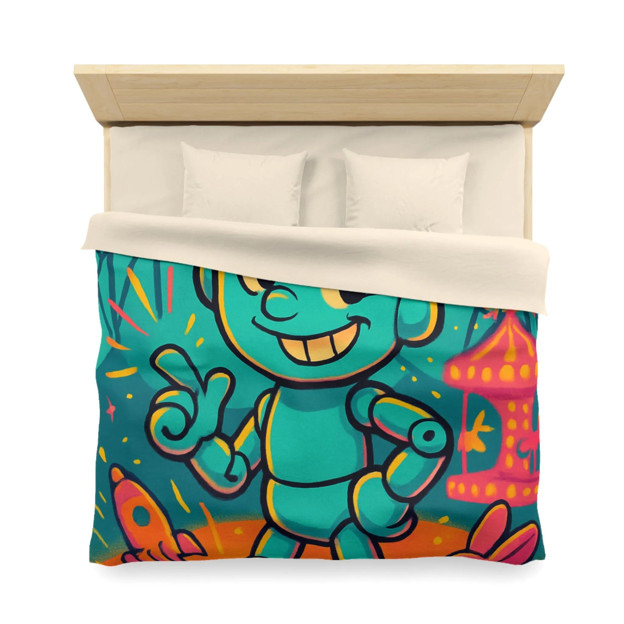 Housse de Couette Ludique avec Robot Jouet et Feux d’Artifice Multicolores pour Enfants