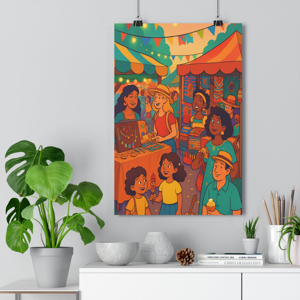 Poster décoratif marché animé vibrant cartoon joyeux rouge jaune bleu intérieur salon chambre 30x46