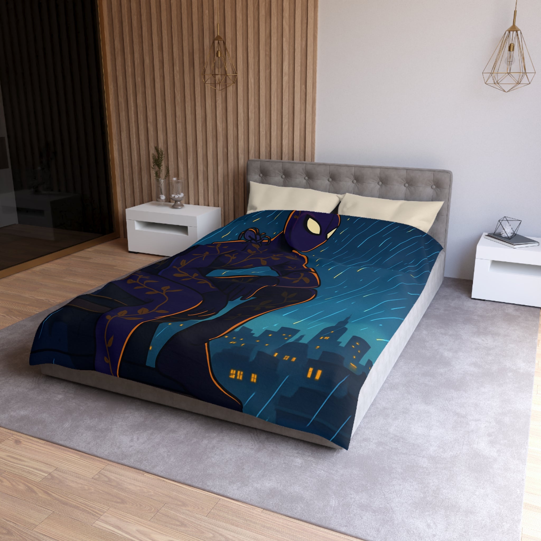 Housse de couette violette avec super-héros mystérieux sous la pluie nocturne colorée