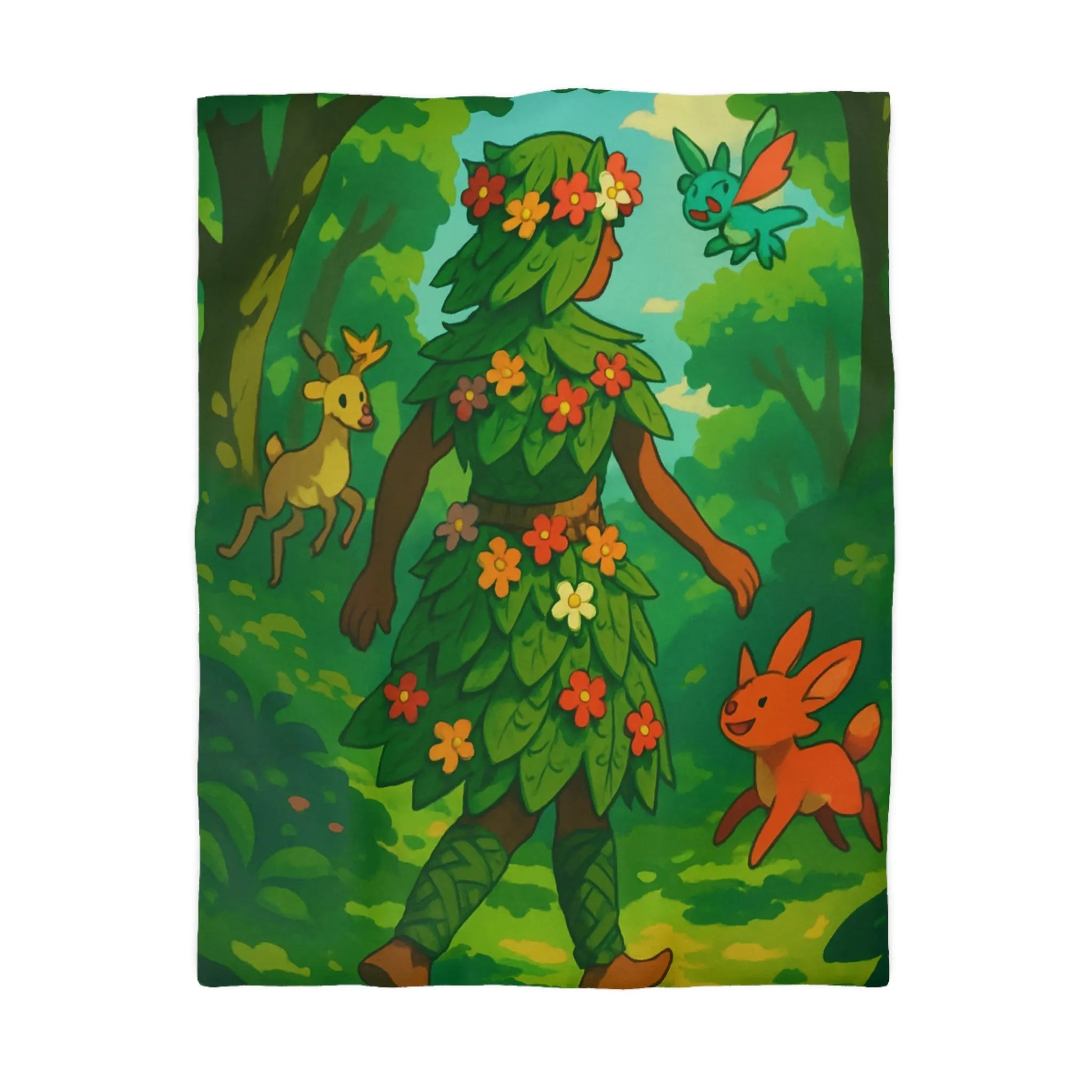 Housse de couette forêt enchantée avec créatures et personnage naturel aux couleurs vibrantes