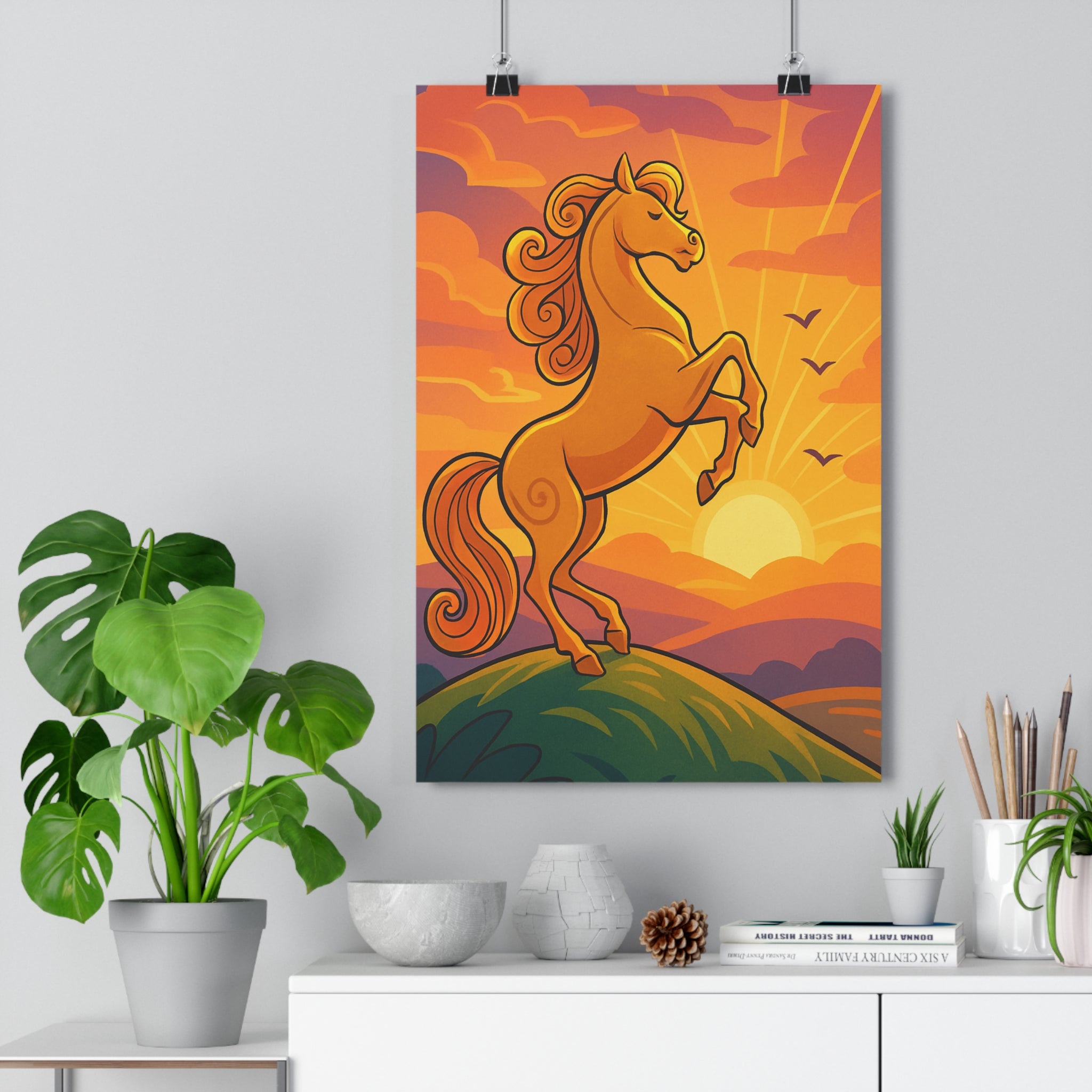 Poster décoratif cartoon chevalier orange doré aventure chambre salon dynamique paysage majestueux colline stylisé