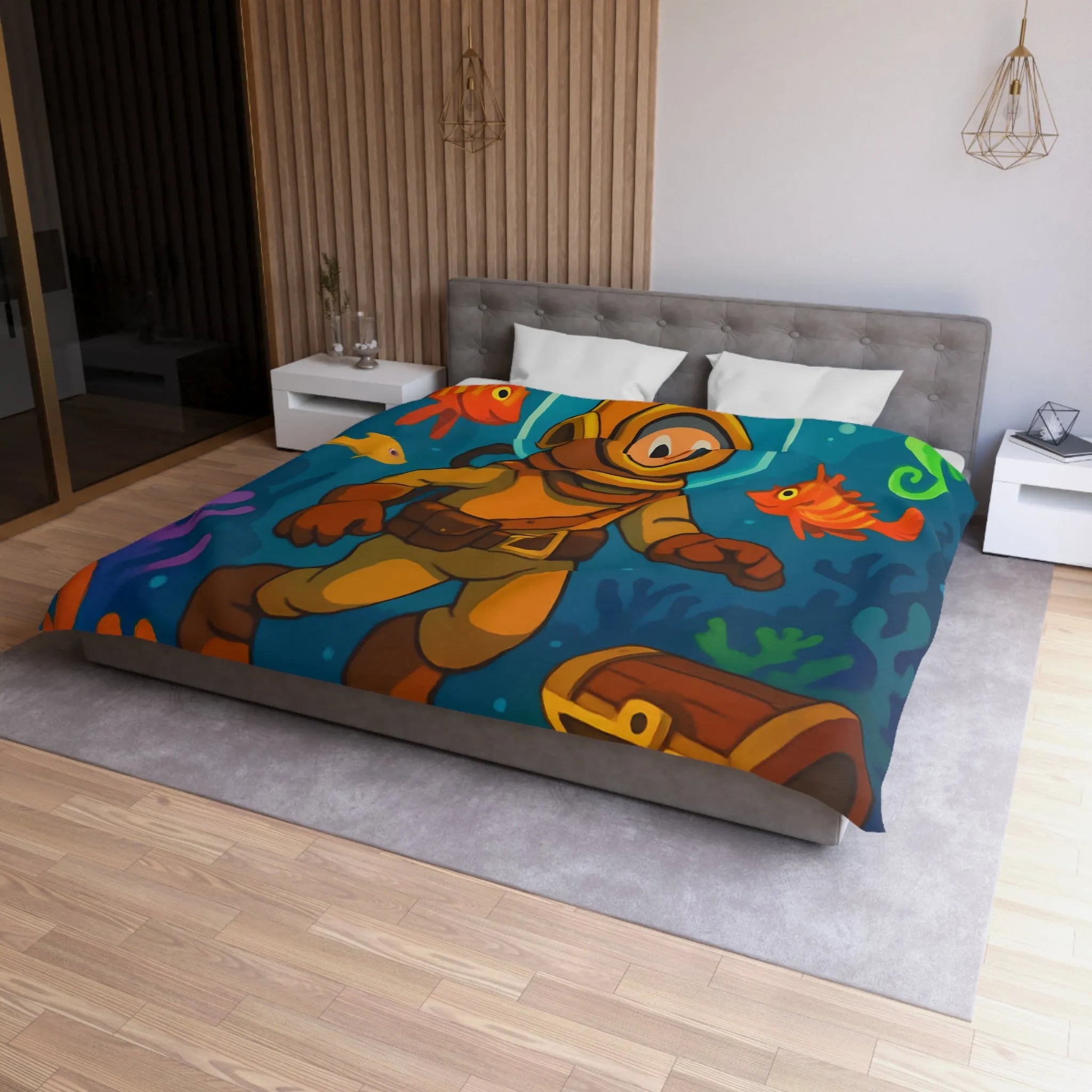 Housse de couette enfant aventure sous-marine avec plongeur et trésor coloré en dessin animé