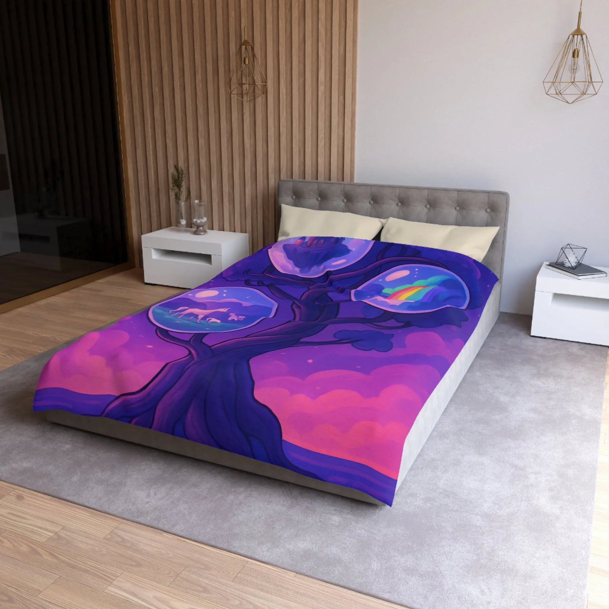 Enchanted Dreamscape Duvet: Mystical Castle, Majestic Unicorn, Vivid Waterfall on Tree