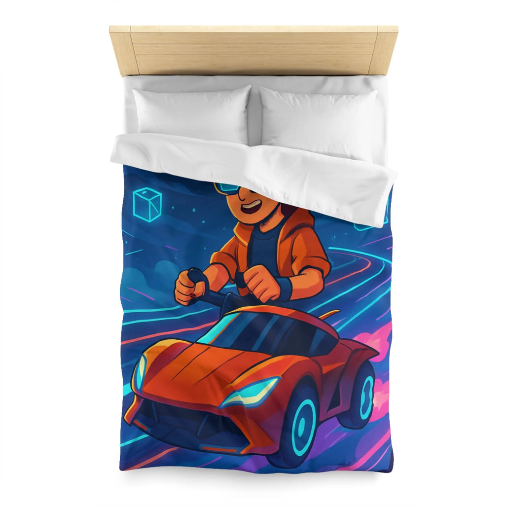 Housse de couette aventure virtuelle : joueur futuriste avec voiture de course dynamique et colorée