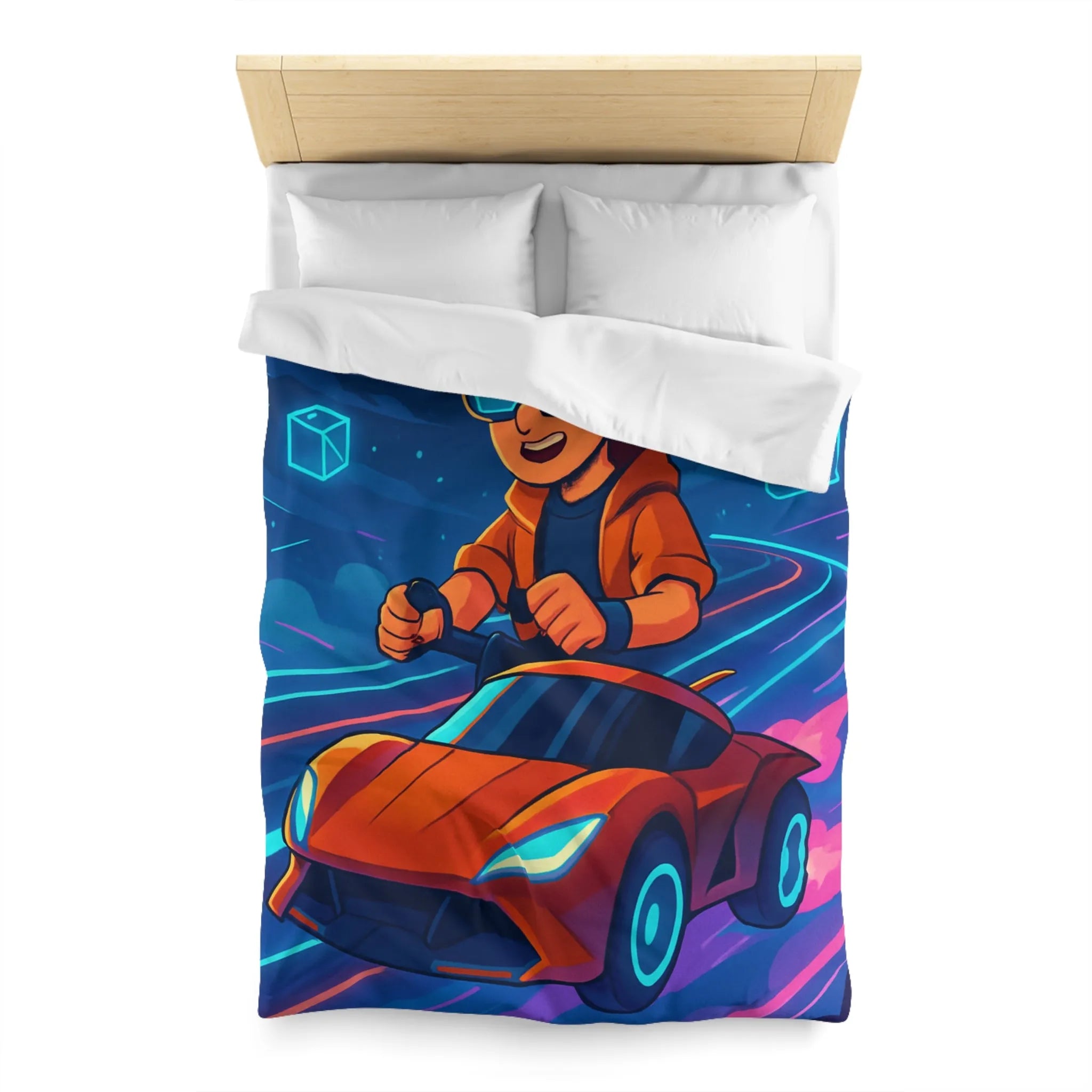 Housse de couette aventure virtuelle : joueur futuriste avec voiture de course dynamique et colorée