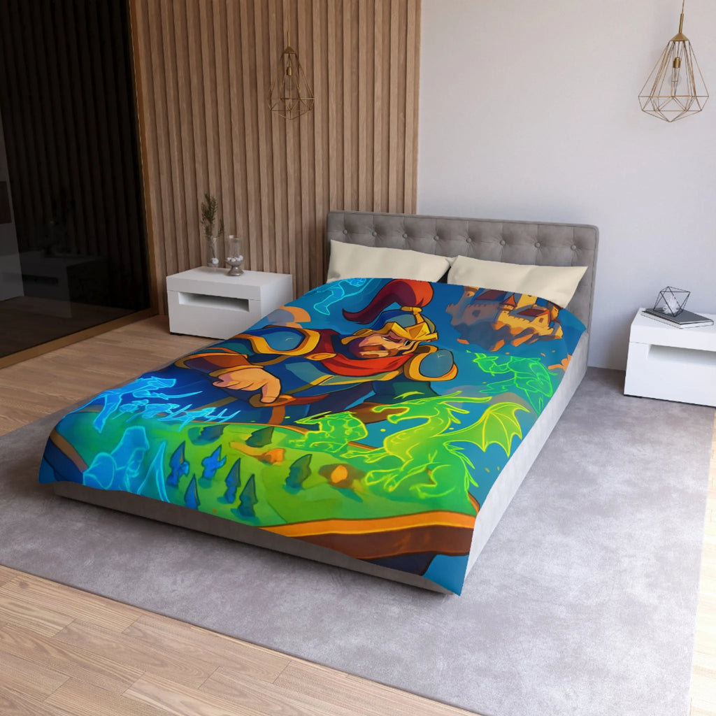 Housse de couette épique guerriers médiévaux et dragon sur plateau de jeu fantastique