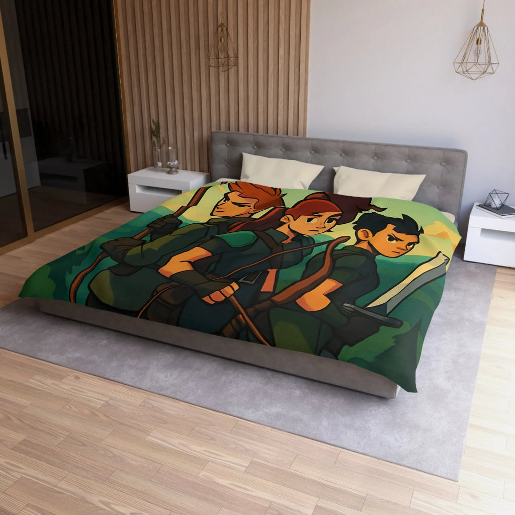 Housse de couette illustrée trois héros médiévaux arc épée forêt château aube
