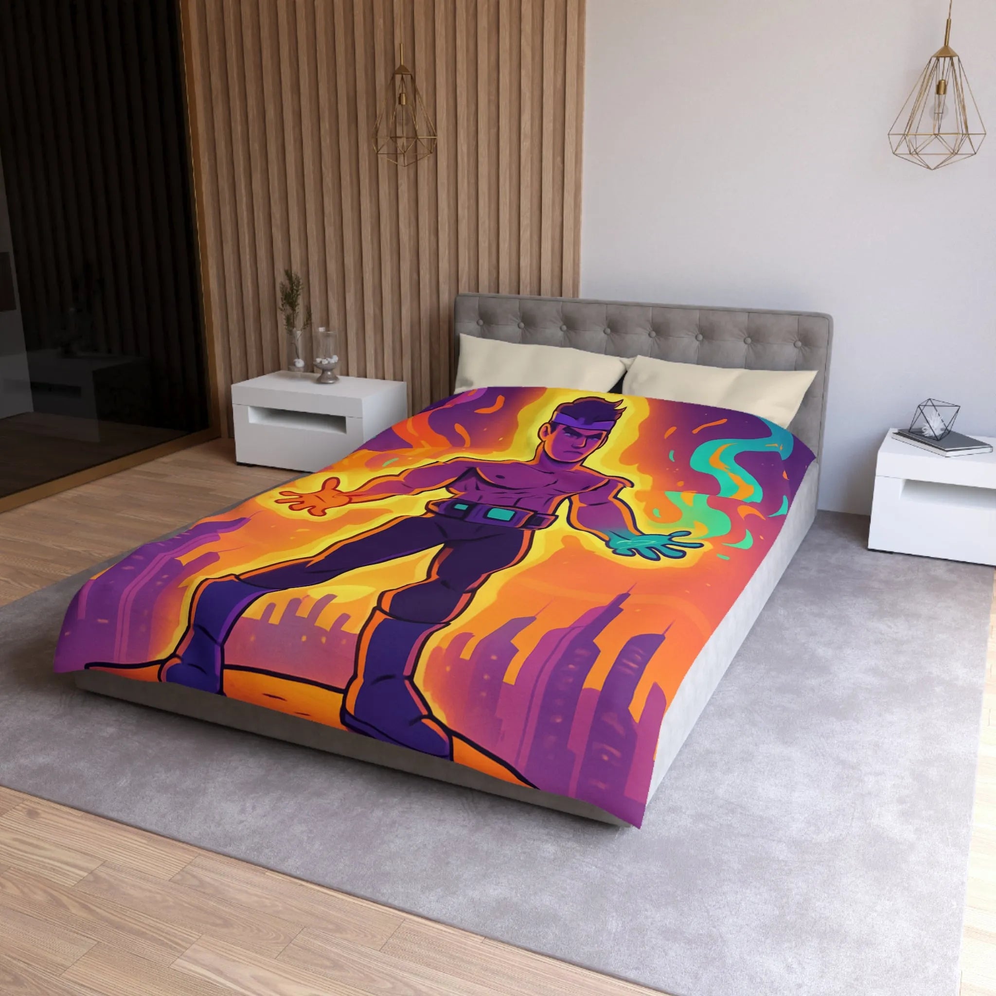 Housse de couette avec héros des éléments enflammés et lumineux sur fond de ville