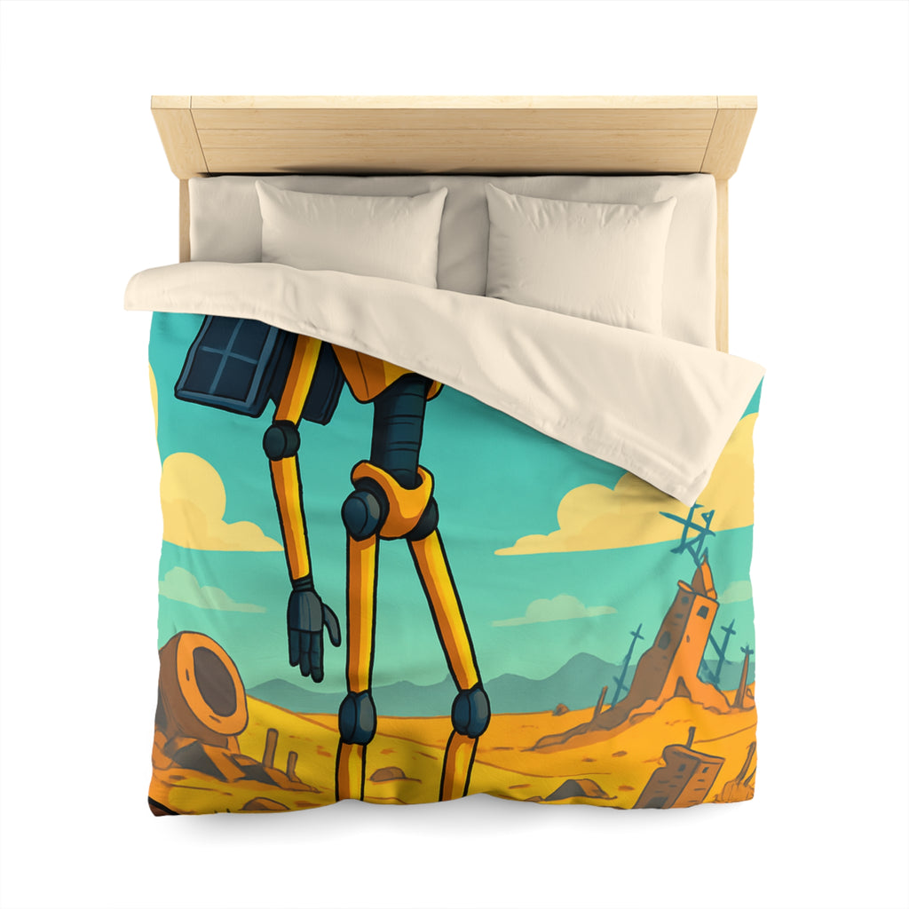 Housse de couette robot jaune explorateur dans désert post-apocalyptique avec oiseau