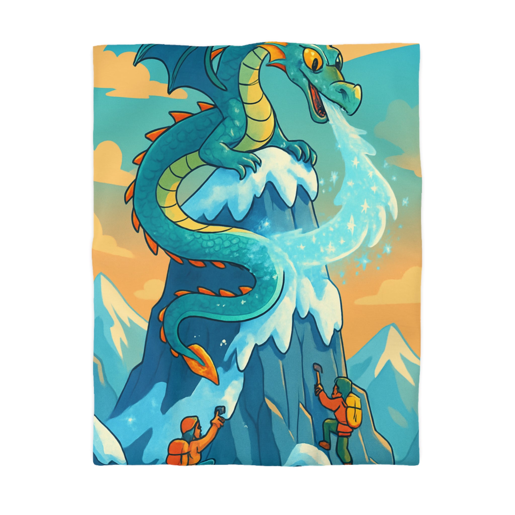 Montagne enneigée gardée par un dragon crachant de la glace, aventure épique illustrée