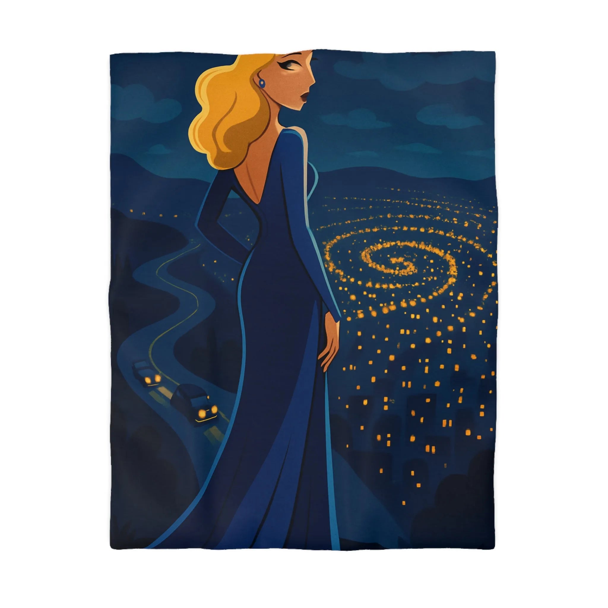 Élégante femme blonde contemplant un paysage nocturne étoilé en robe bleue longue