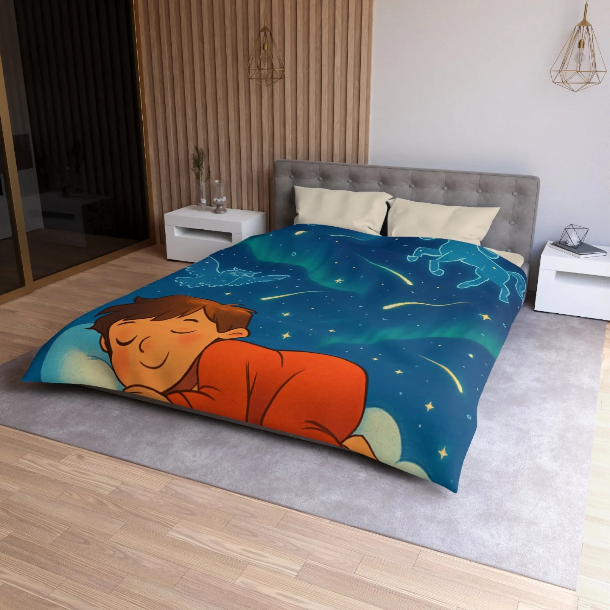 Housse de couette enfant étoilée avec animaux et motifs célestes colorés