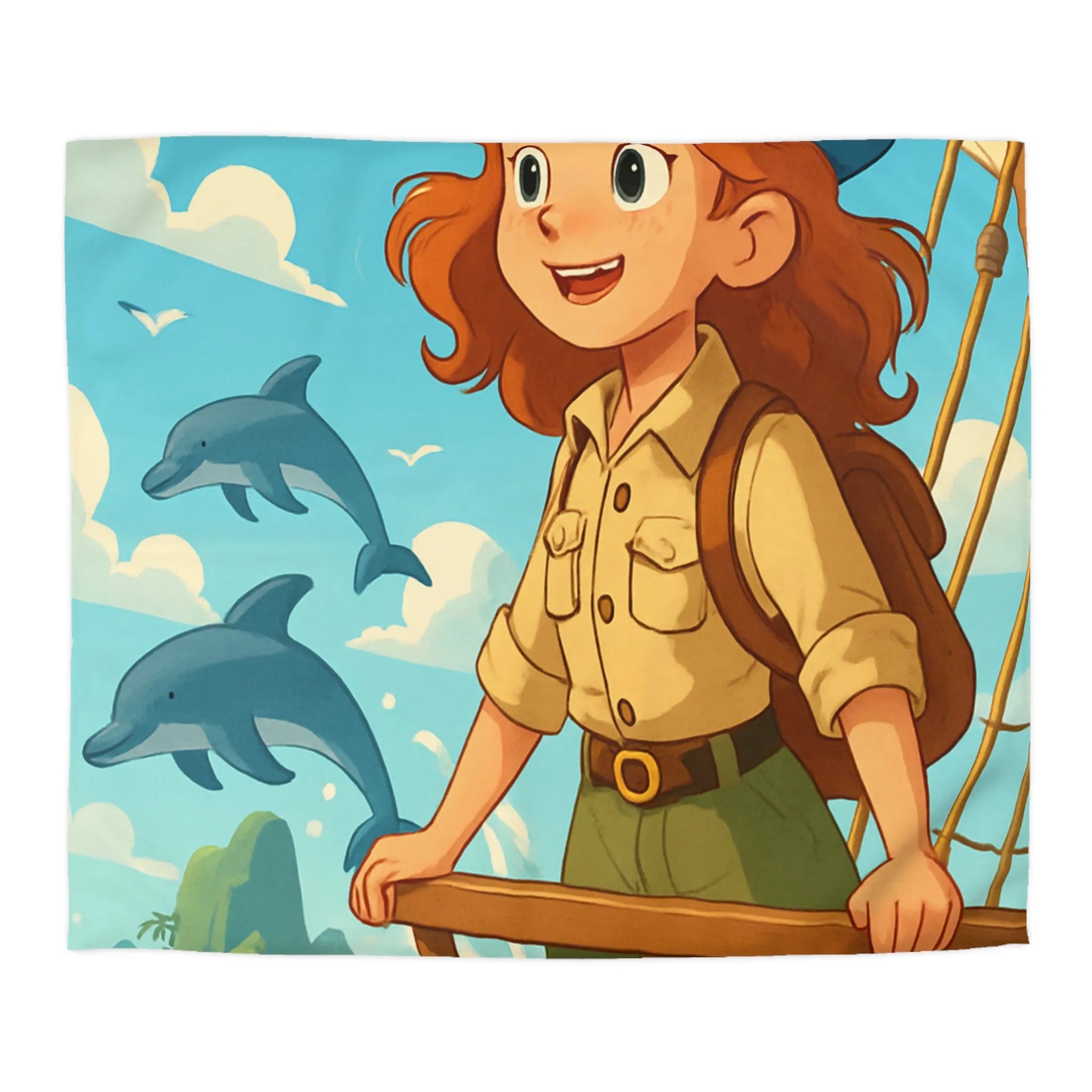 Housse de couette aventure nautique enfantine avec dauphins, voile et exploration marine animée