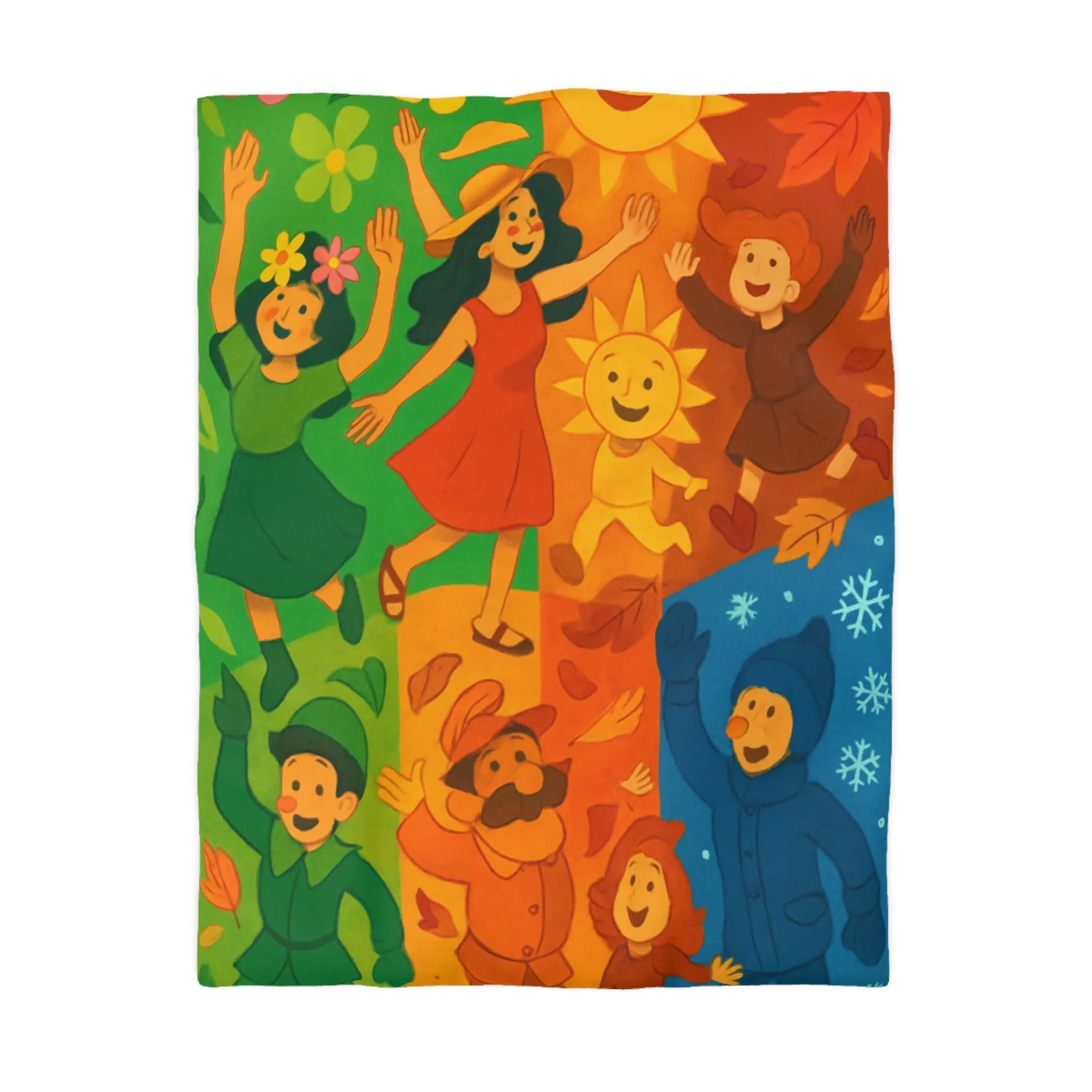 Housse de couette colorée illustrant les quatre saisons avec personnages joyeux et motifs vibrants