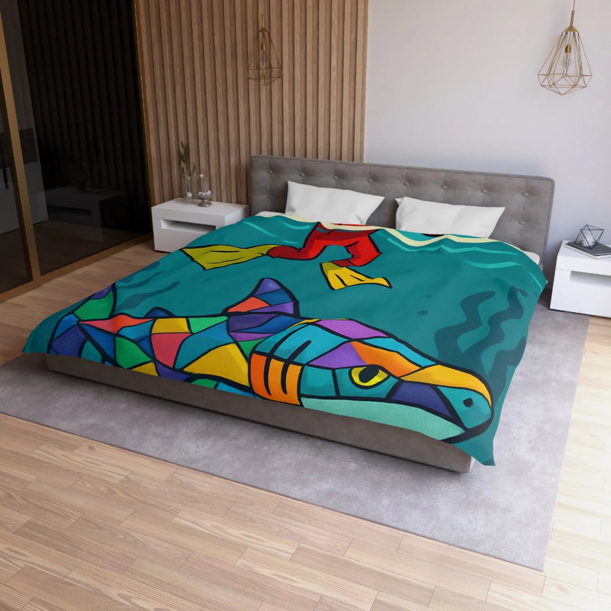 Housse de couette colorée avec plongeur effrayé et requin multicolore