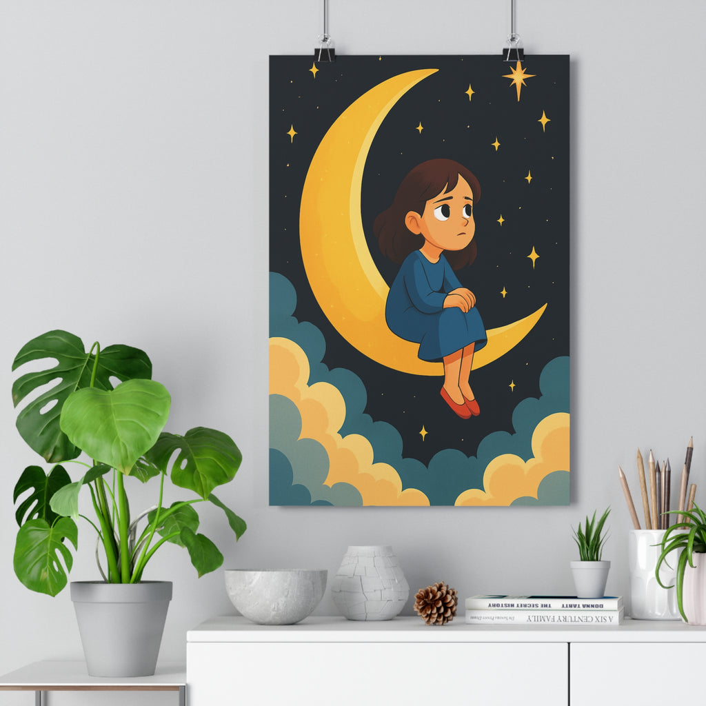 Poster décoratif noir blanc féerique dessin animé chambre rêve ambiance calme 30x46 étoiles lune