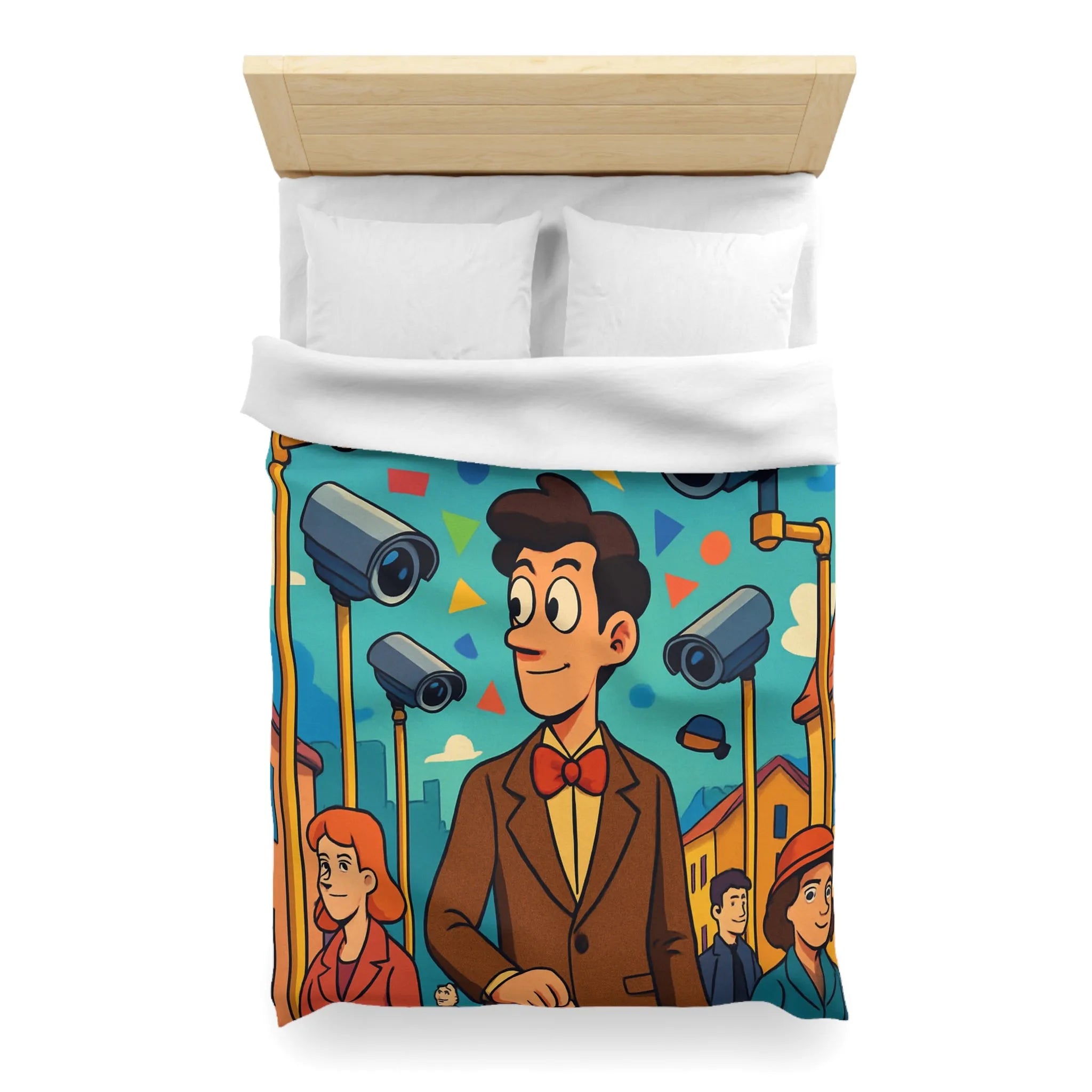 Housse de couette colorée avec motifs géométriques et personnages sous caméras de surveillance