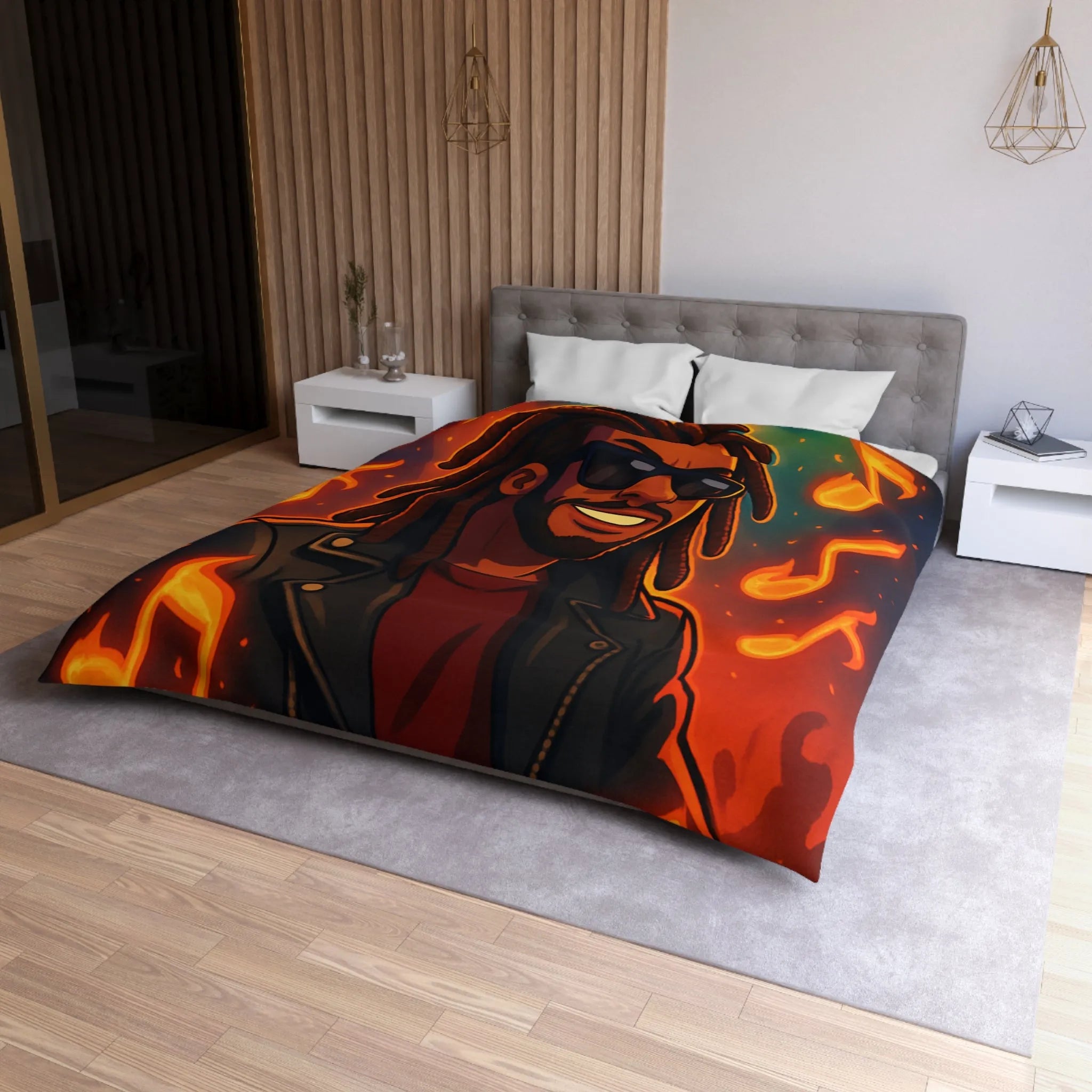 Housse de couette artistique avec musicien animé sous lumières de concert colorées