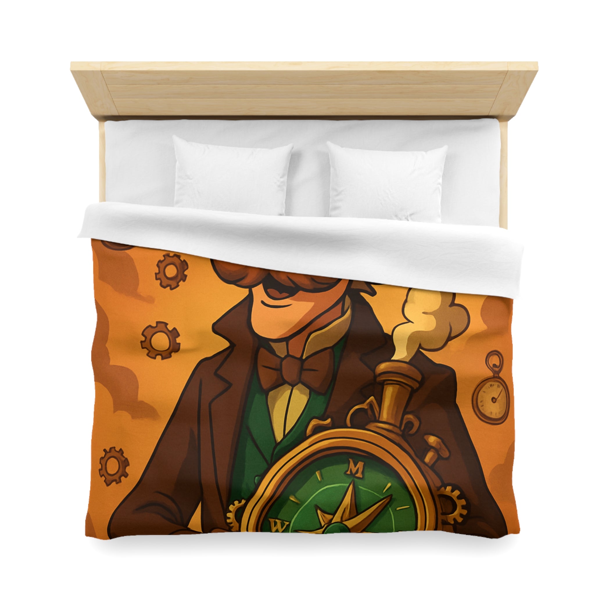 Housse de Couette Steampunk Vintage avec Boussole, Savant et Montgolfières sur Fond Sépia