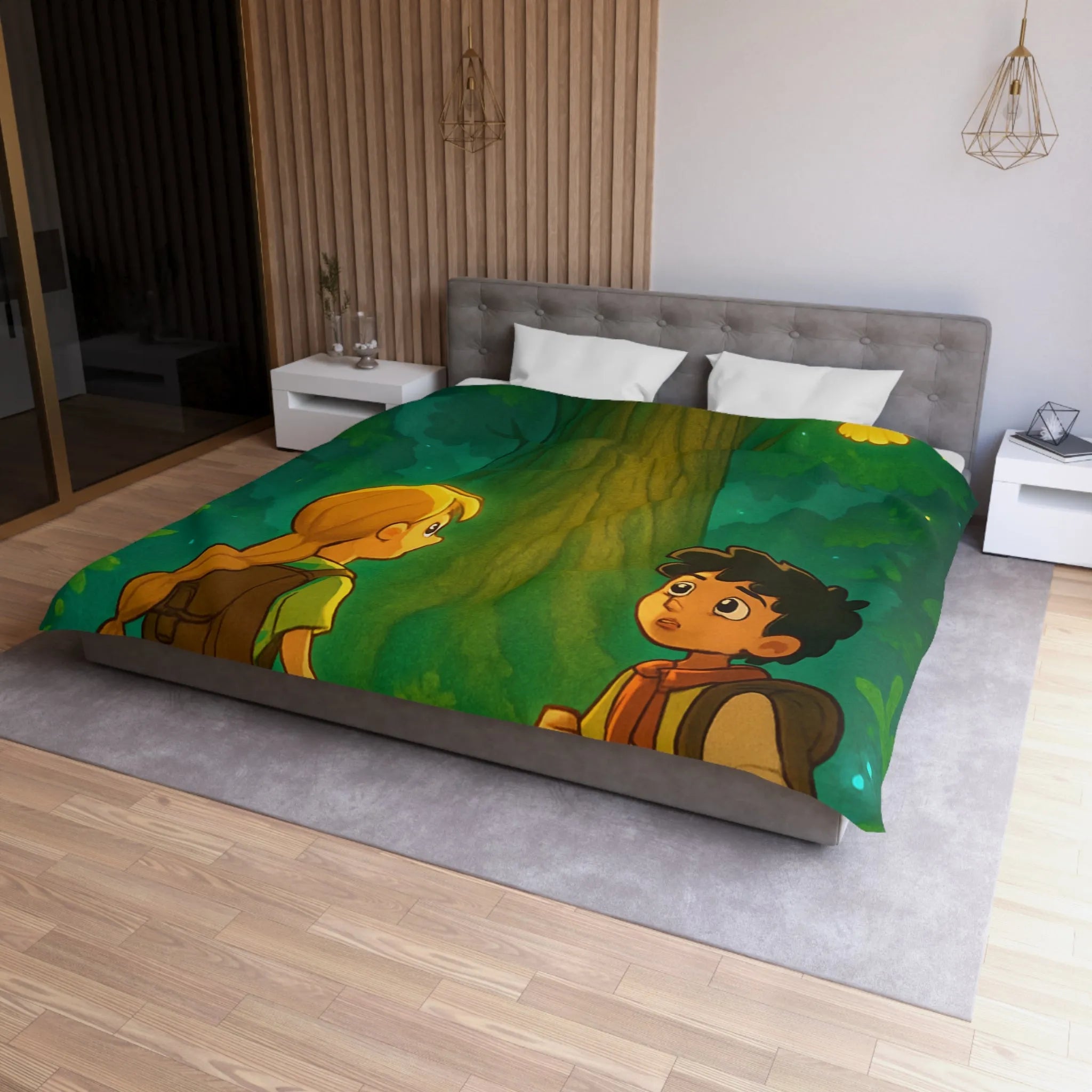 Housse de couette forêt enchantée avec enfants, renard et hibou lumineux