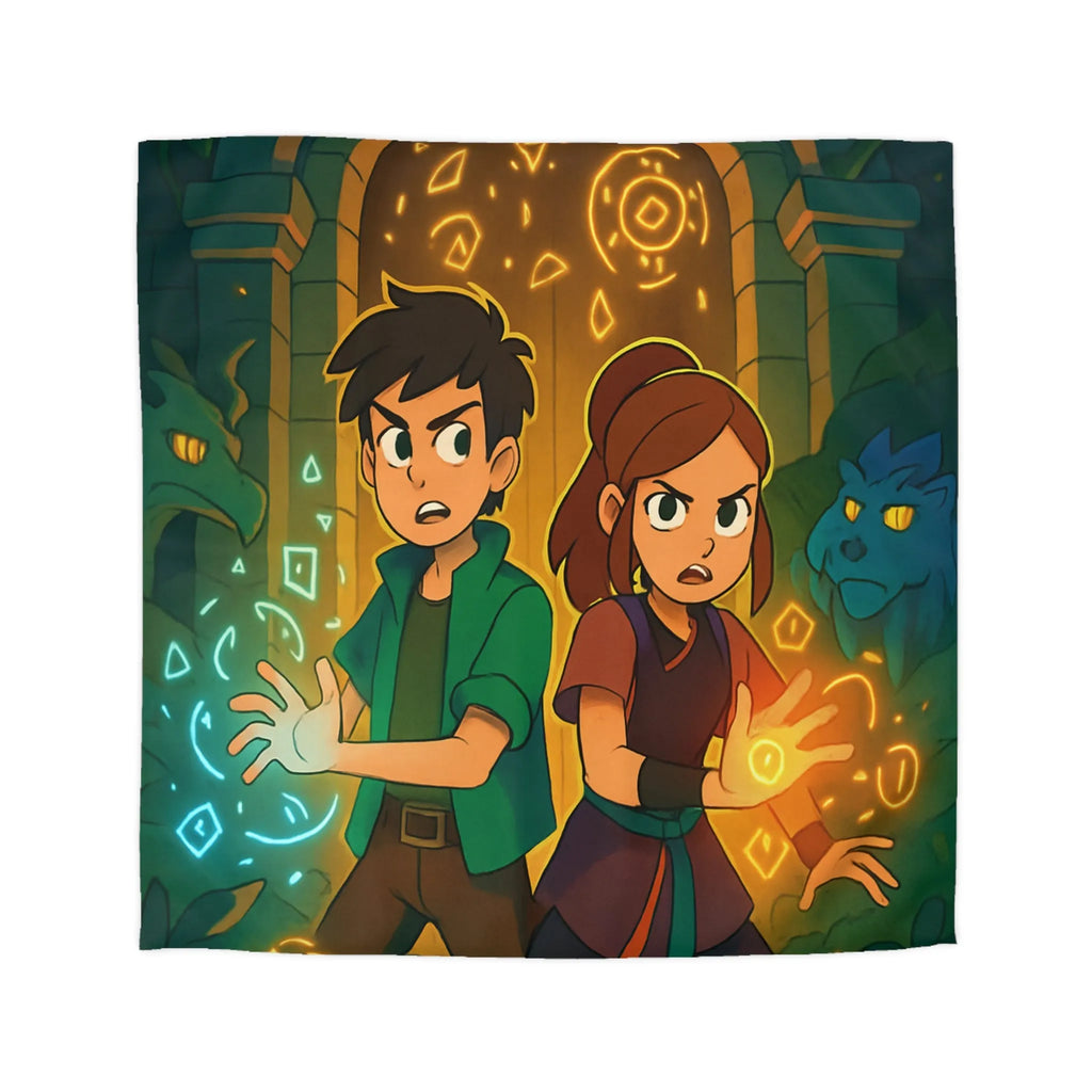 Housse de Couette Magique avec Enfants et Symboles Lumineux Devant un Portail Mystique