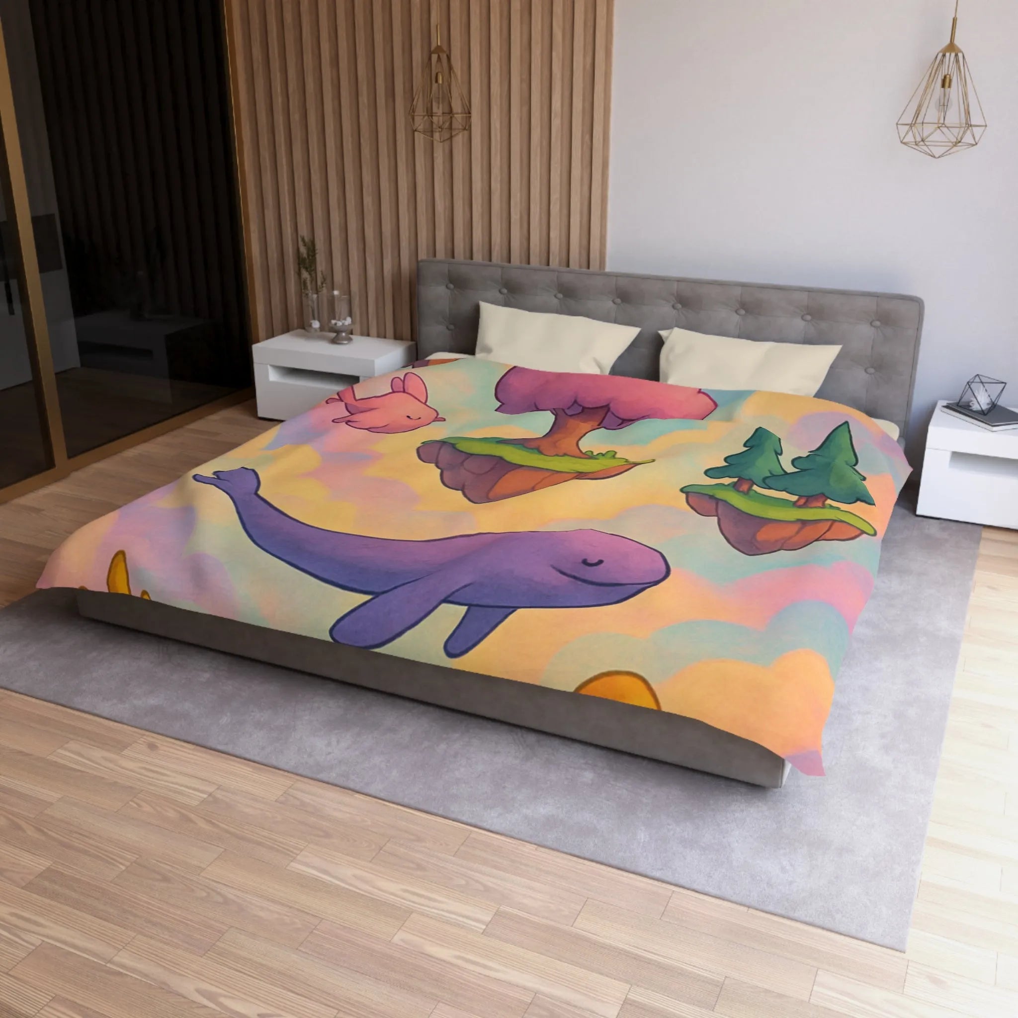 Housse de couette avec îles flottantes et créatures rêveuses dans un ciel magique