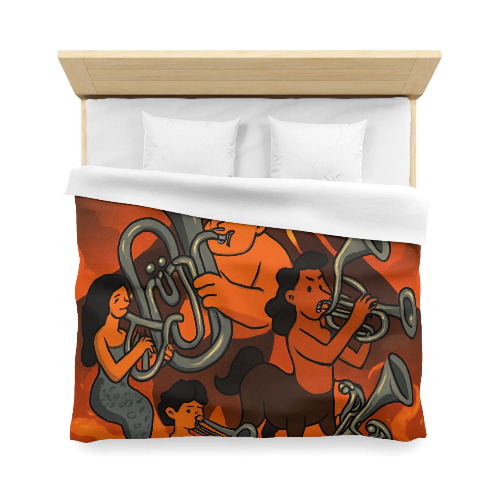 Housse de couette avec design mythique de musiciens sur fond volcanique flamboyant