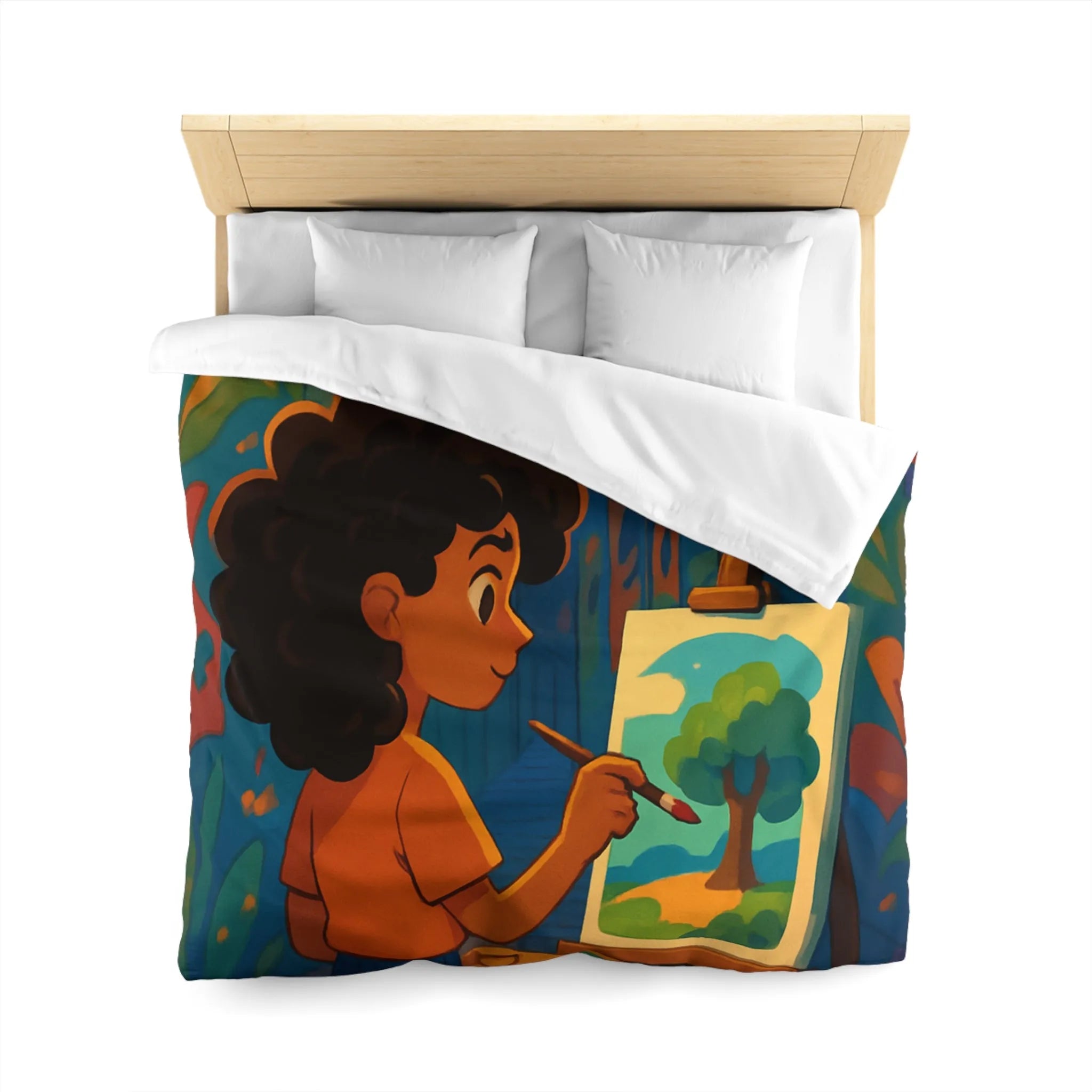 Housse de couette colorée illustrant une ruelle artistique avec peinture et lanterne